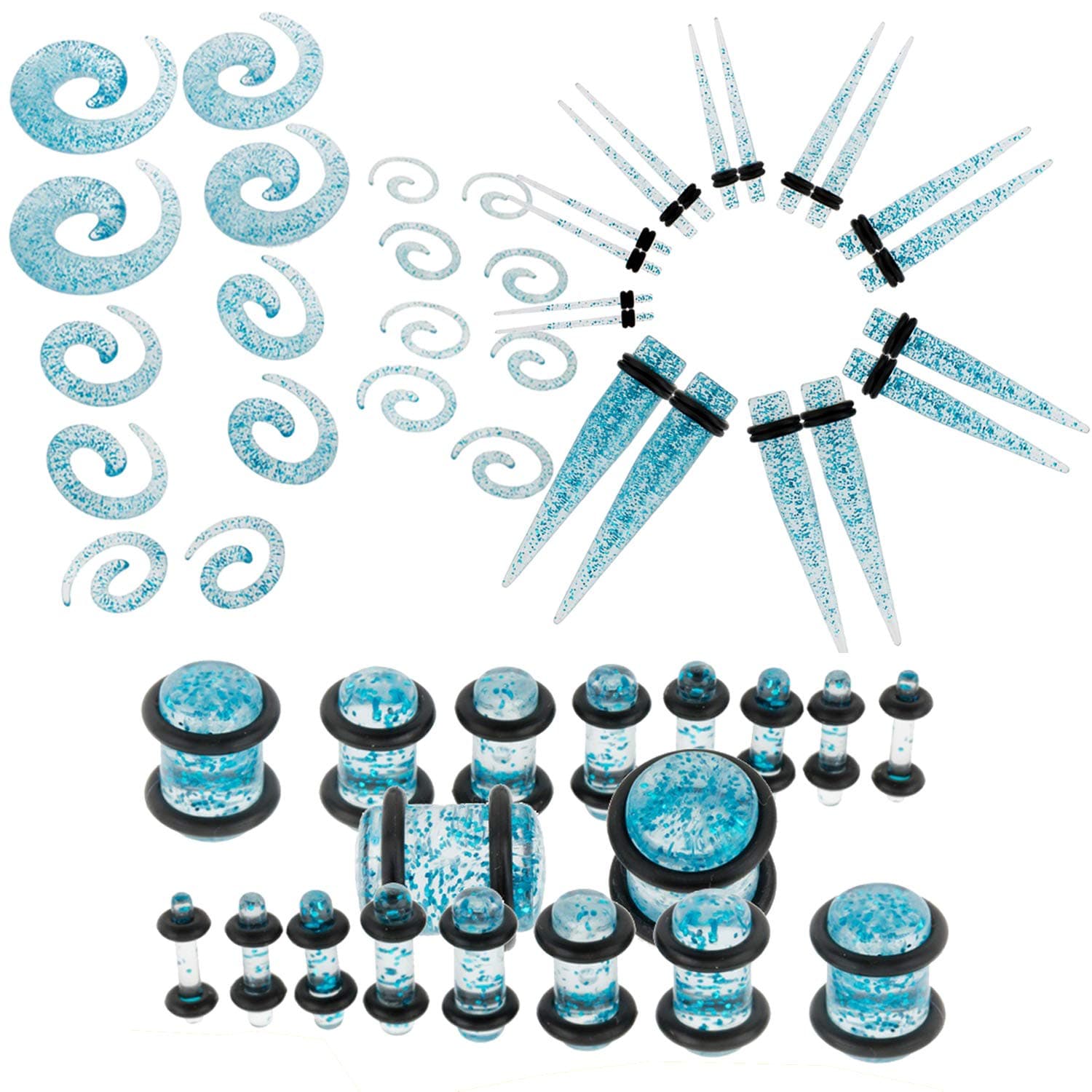 VAGA 54 units Tapers and Plugs With O Rings Piercings Stretchers Expanders Set With Different Gauges Sizes for Ears Earlobes Stretching in Blue Colors