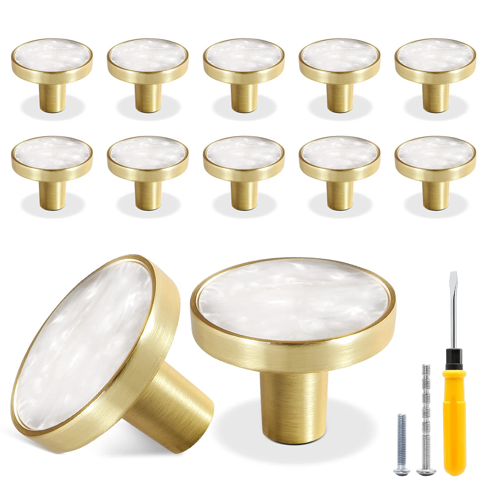 12 Pack Gold Knobs for Dresser Drawers, Brass Dresser Knobs Round Cabinet Knobs for Kitchen Cabinet Cupboard Door Decorative Furniture Hardware, 1-1/4" Diameter, White