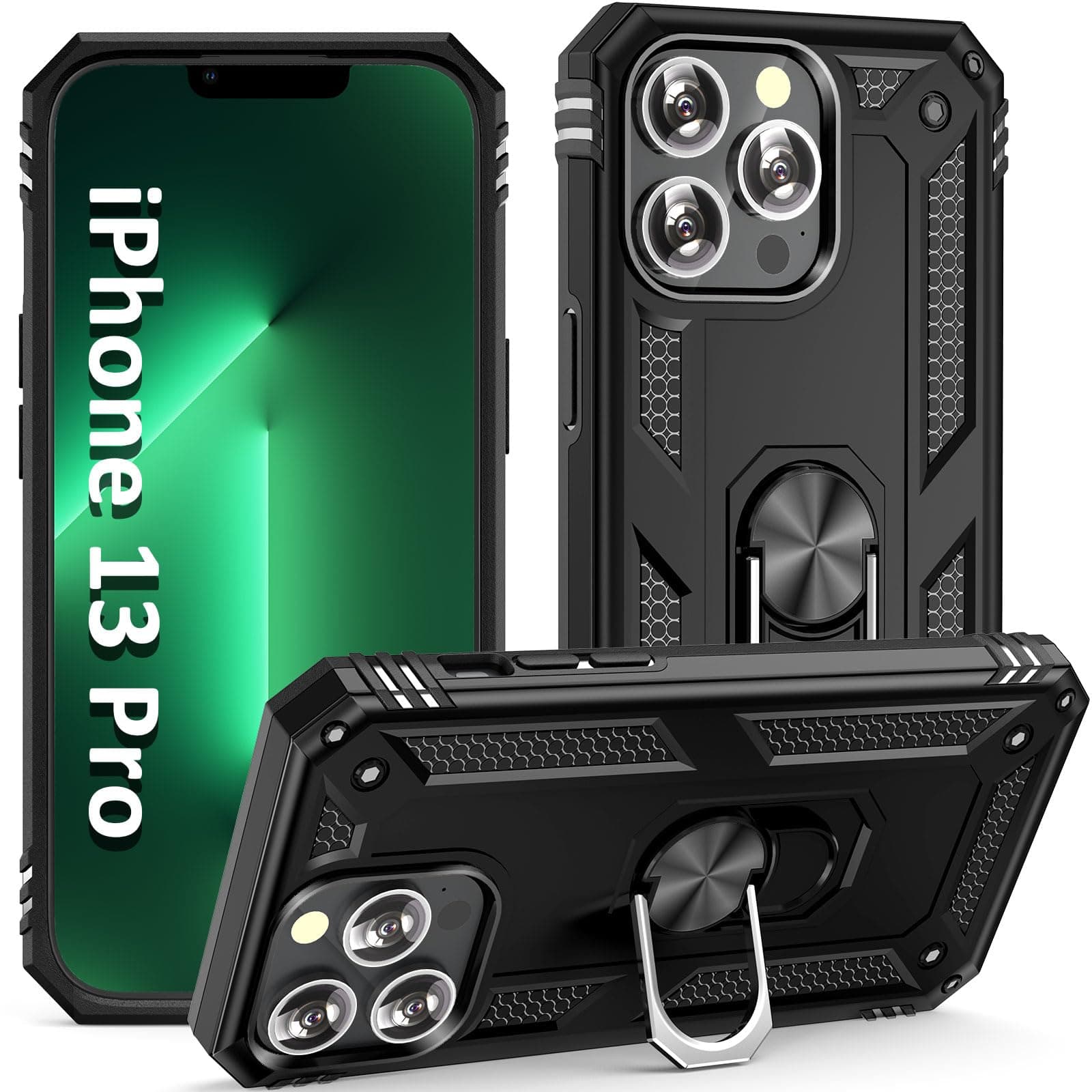 ADDIT i Phone13 Pro Case, for iPhone 13 Pro Case,with Kickstand Ring,Adjustable Stand,Military Grade,Heavy Duty Protection,Shockproof,Anti-Fingerprint,Support Magnet Car Mount,Black