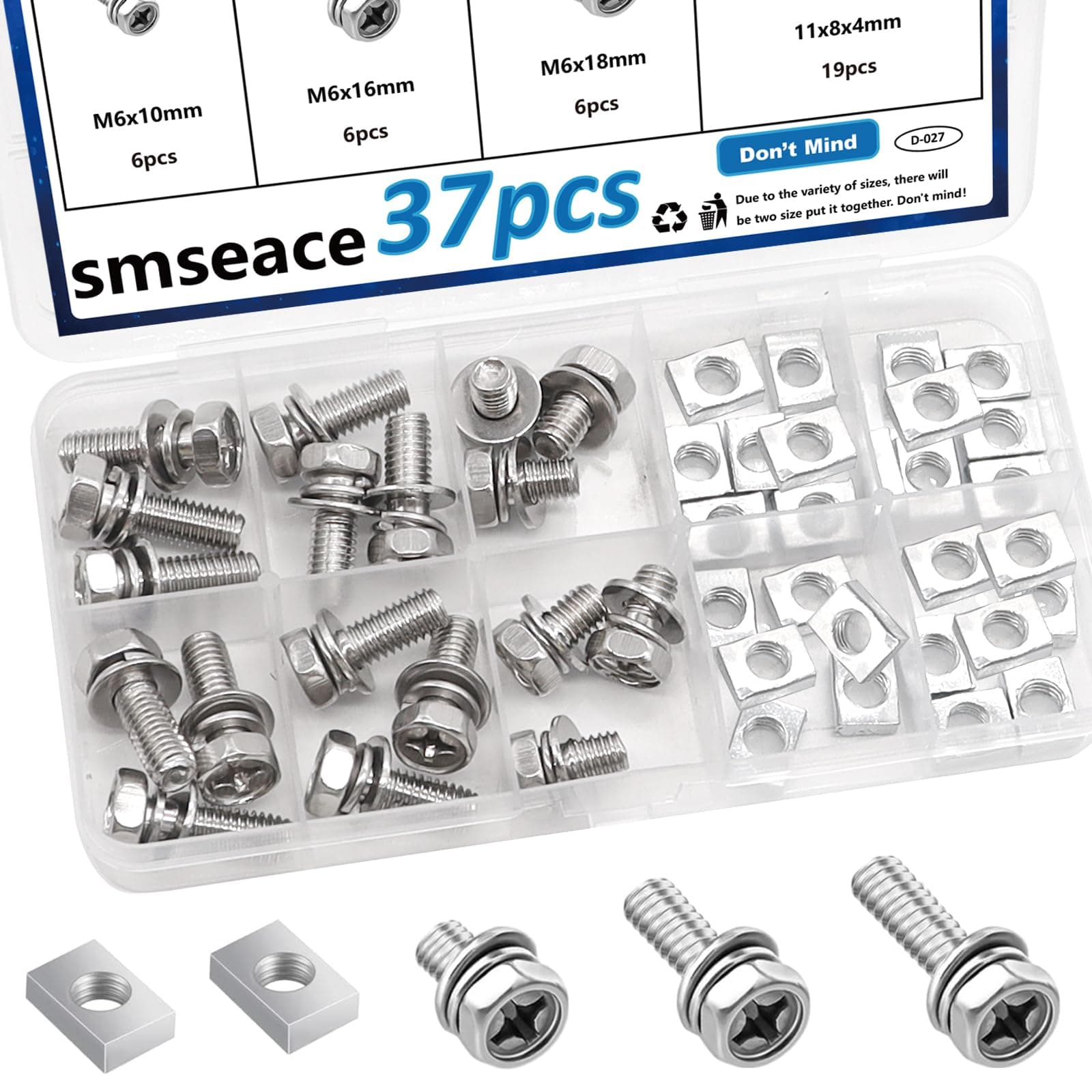 smseace 37pcs Motorcycle Battery Terminal Nuts and Bolt Kit M6x10/16/18mm Stainless Steel Square Nut and Bolts Used for DIY,Motorcycles,ATV D-027