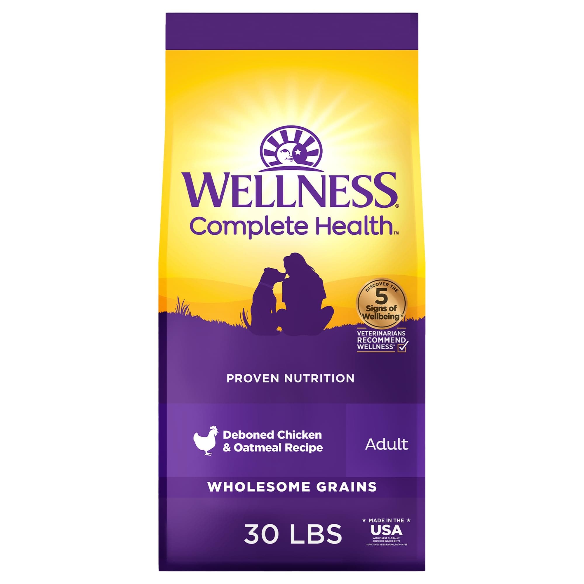 Wellness Complete Health Dry Dog Food, Wholesome Grains, Natural, Chicken & Oatmeal, (30-Pound Bag)