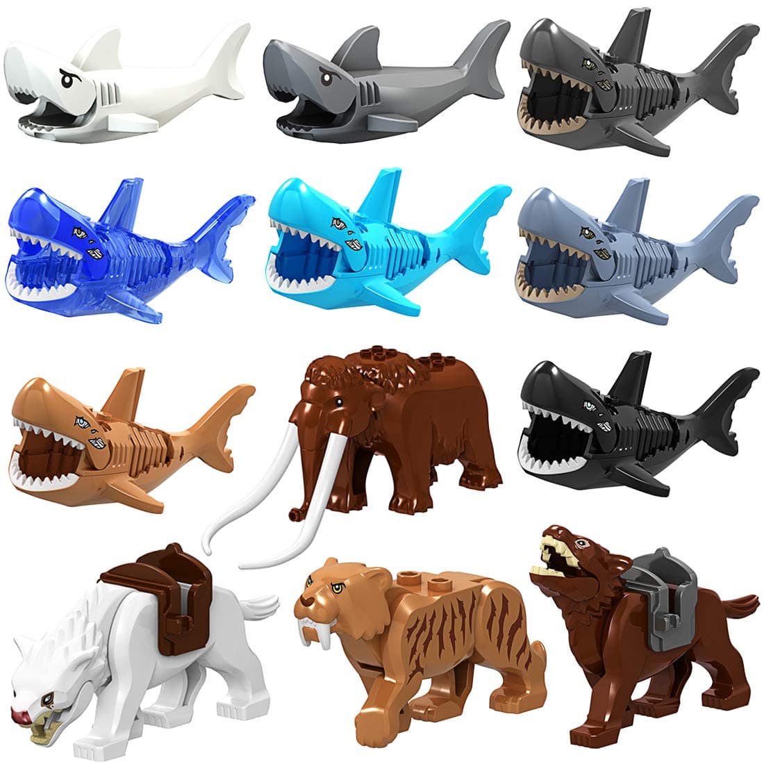 FutureShapers 12Set Animal Building Blocks Animals Figures Set : Tiger, Mammoth, Shark and Wolf for kids