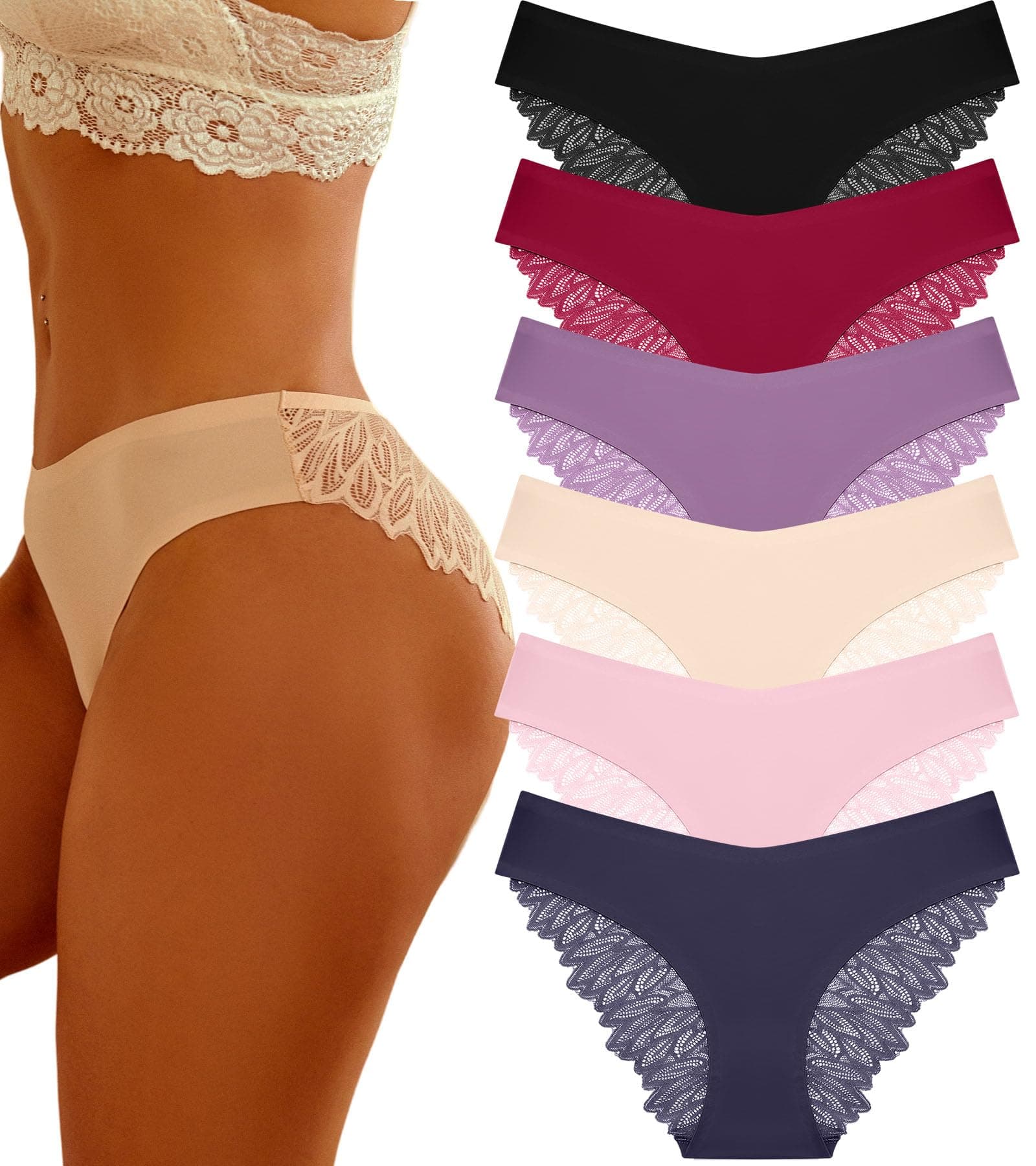 FINETOO 6 Pack Sexy Underwear for Women Silky Seamless No Show Panties Ladies Lace Bikini Lightweight Cheeky Hipster