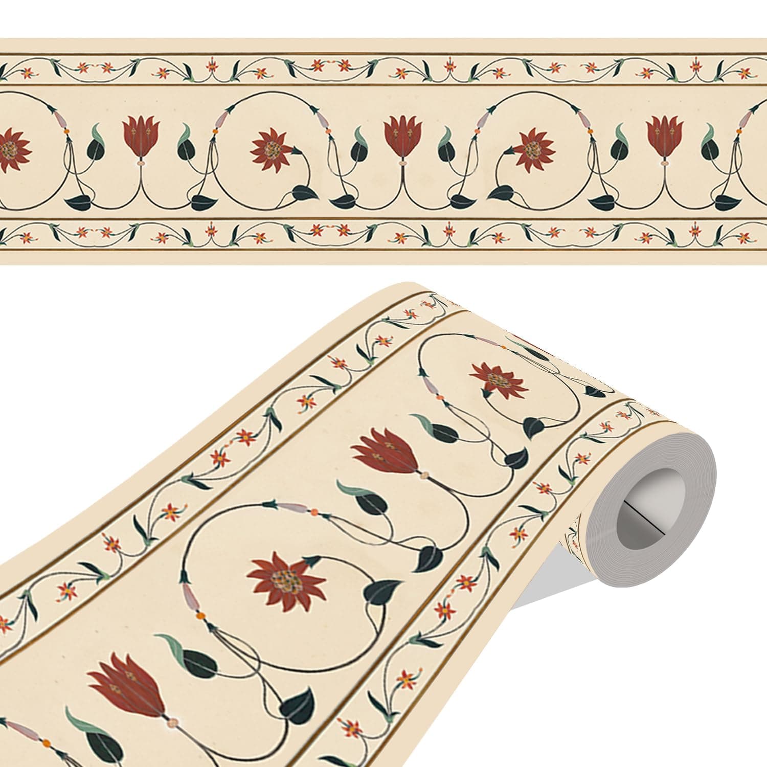 - ELTON Peel and Stick Wallpaper Border - Floral Stone Inlay Marble Pattern - Glossy Laminated Waterproof PVC - for Kitchen, Tile, Living Room Bathroom Decoration 3 Inch X 10 feet Set f 2(BDR9, 2)