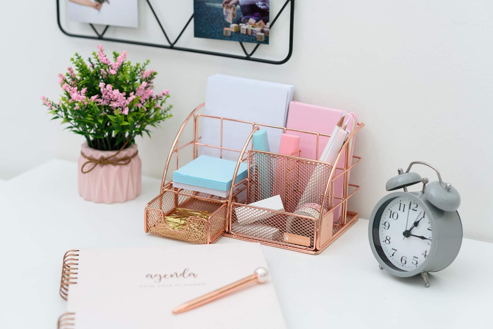Rose Gold Desk Organizer for Women, Mesh Office Supplies Desk Accessories, Features 5 Compartments + 1 Mini Sliding Drawer