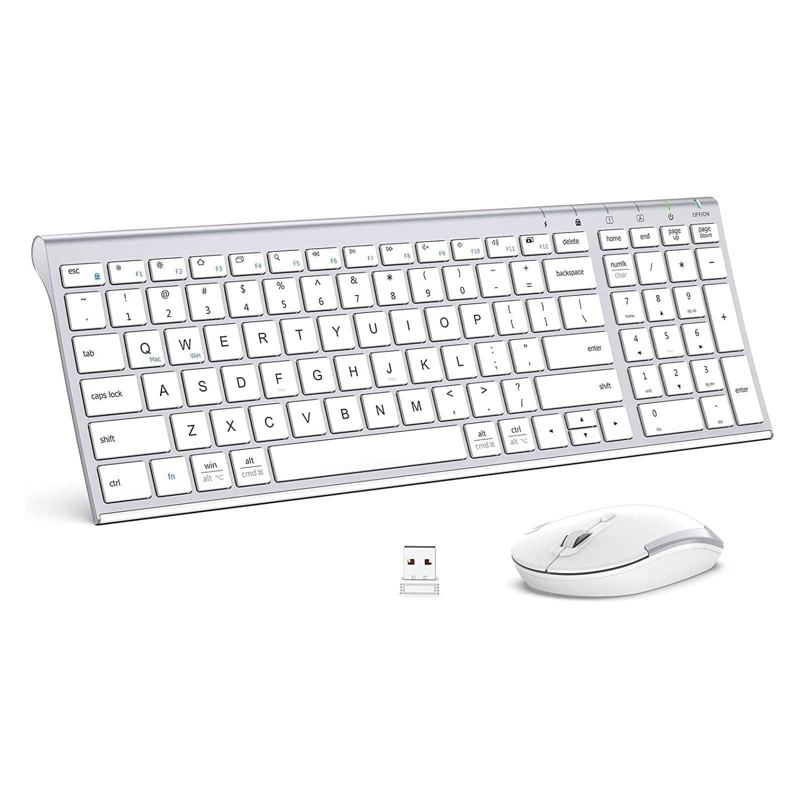 iClever Wireless Keyboard & Mouse Combo GK03-2.4G Portable Wireless Keyboard Mouse with Rechargeable Battery, Ergonomic Design, Full Size, Slim & Thin, Stable Connection, Adjustable DPI, Silver/White