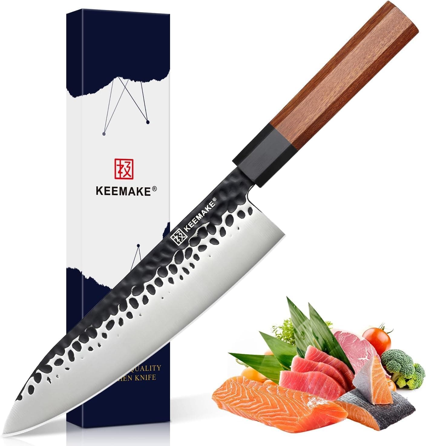 - 8 Inch Chef Knife, Japanese Hand Forged 440C High Carbon Steel Kitchen Knives with Ergonomic Rosewood Handle, Professional Gyuto Knife for Meat & Veggie Slicing