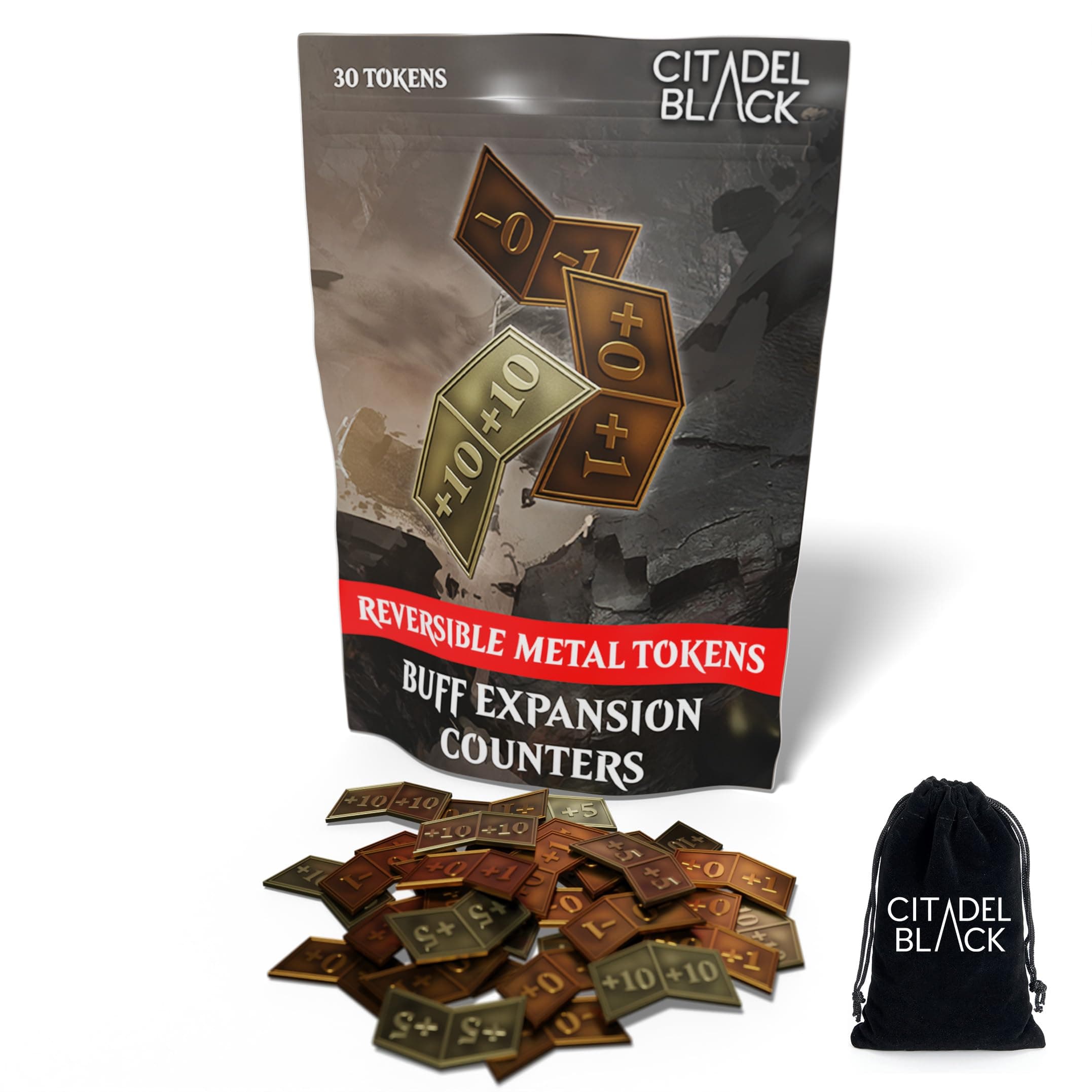 Set of 30 Metal MTG Expansion Buff Counters by Citadel Black - with Velvet Drawstring Pouch, Antique Gold and Copper Finish Metal Tokens, Magic: The Gathering