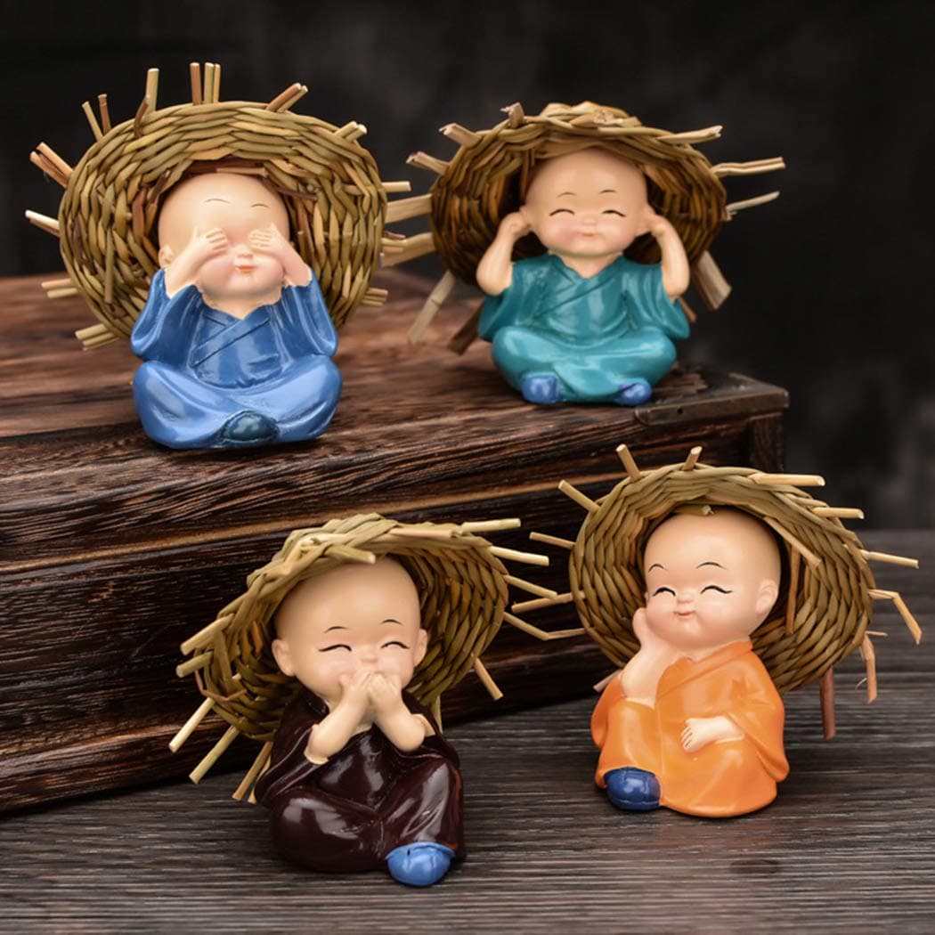 Showpiece for Home Decor Monk Car Crafts Decoration Cute Small Kung Fu Resin Little Monks with Straw Hat for Car Dashboard Home Office Interior Desk Décor 4 Packs
