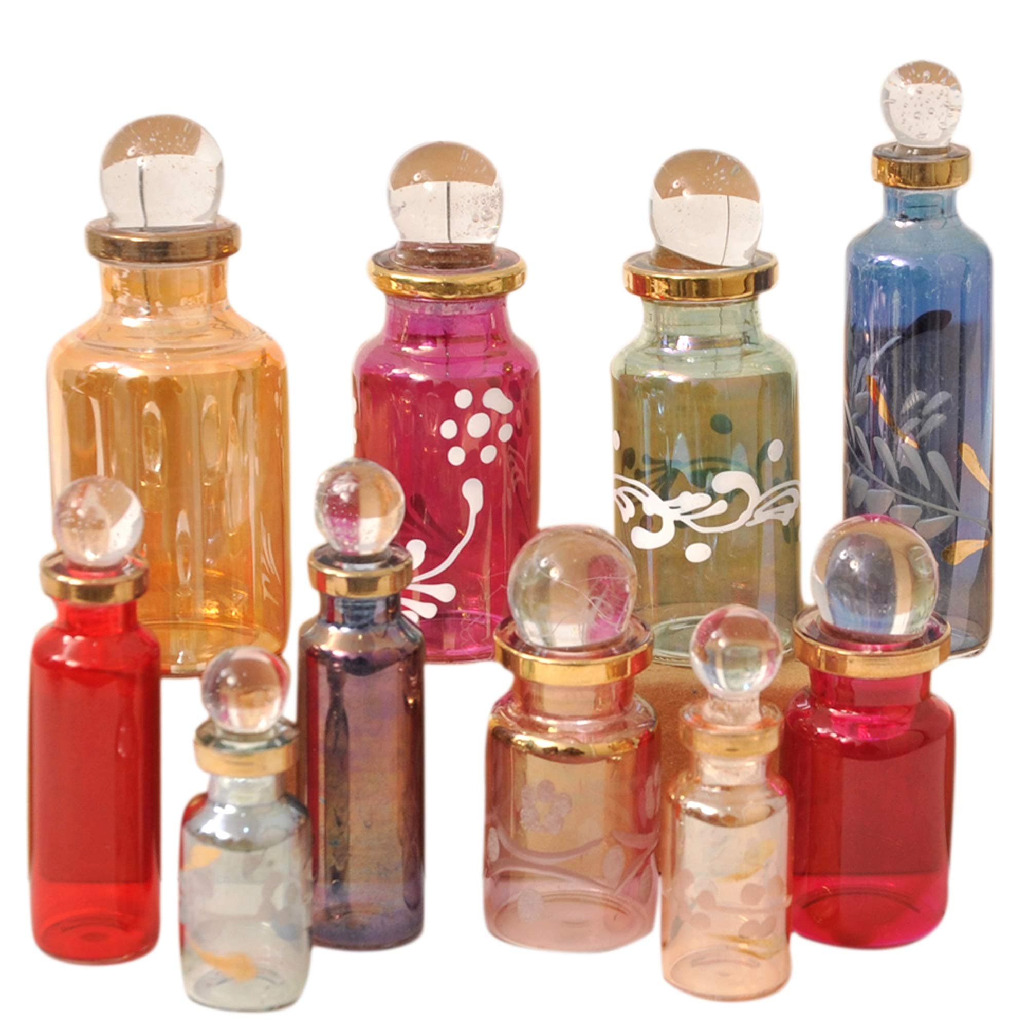 Genie Blown Empty Glass Mini Bottles for Perfume, Essential Oils or Potion - Set of 10 Decorative Small Vials, Each 2" High (5cm), Assorted Colors