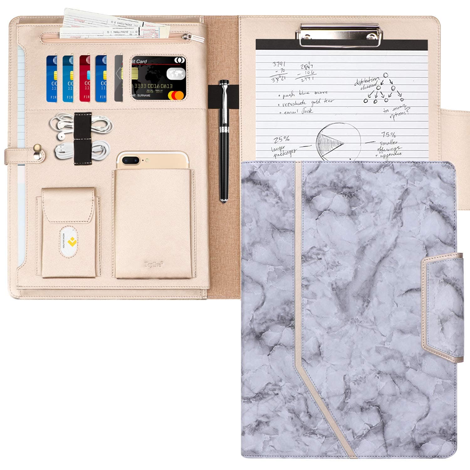 Toplive Padfolio - Executive Business Portfolio Case with Document Sleeve, A4 Size Clipboard, Business Card Holders, Marbling Black