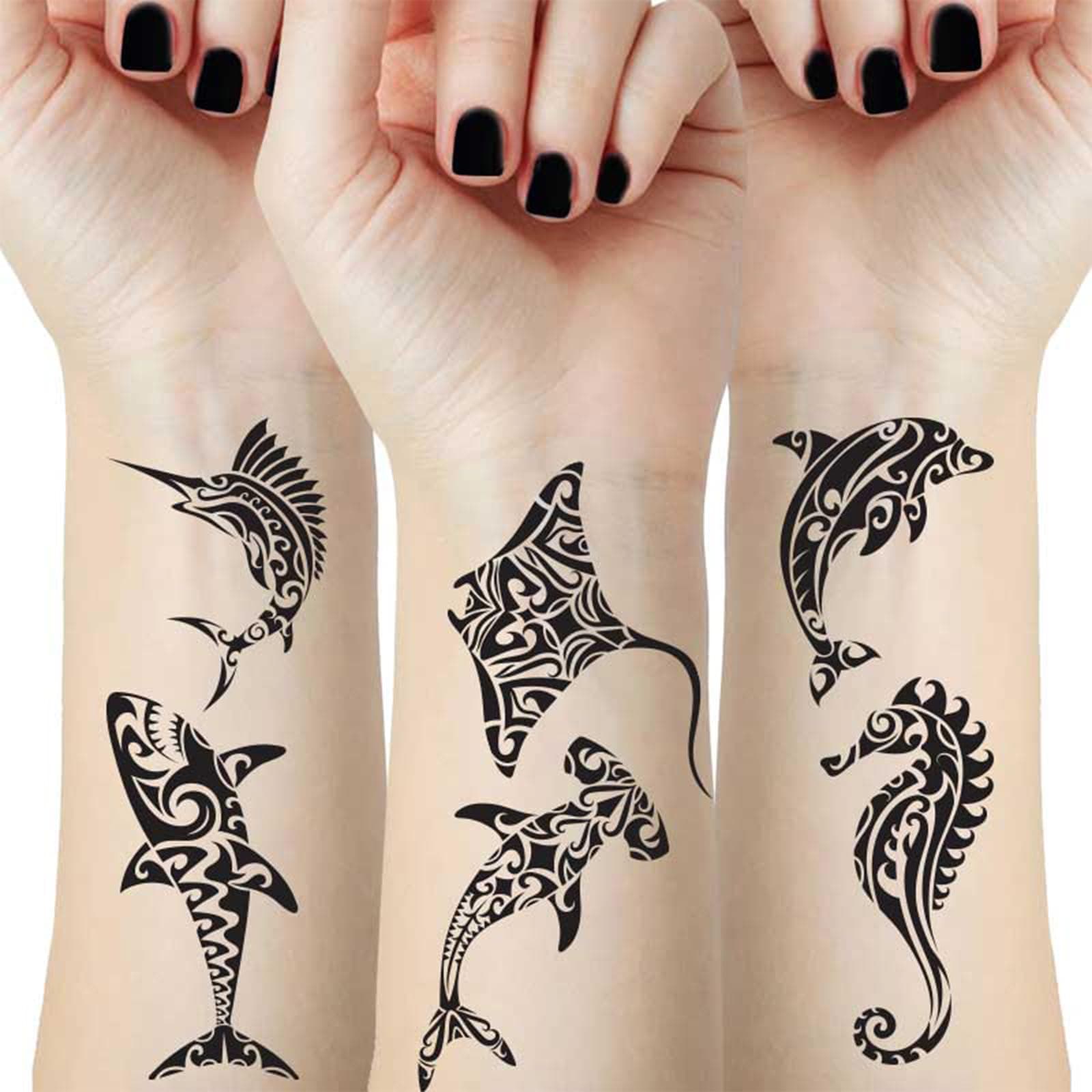 12 Sheets Temporary Tattoos for Men Adults, Maori Stingray Shark Whale Hippocampus Polynesian Tribal Hawaiian Fake Tattoo for Neck Arm Hands Leg