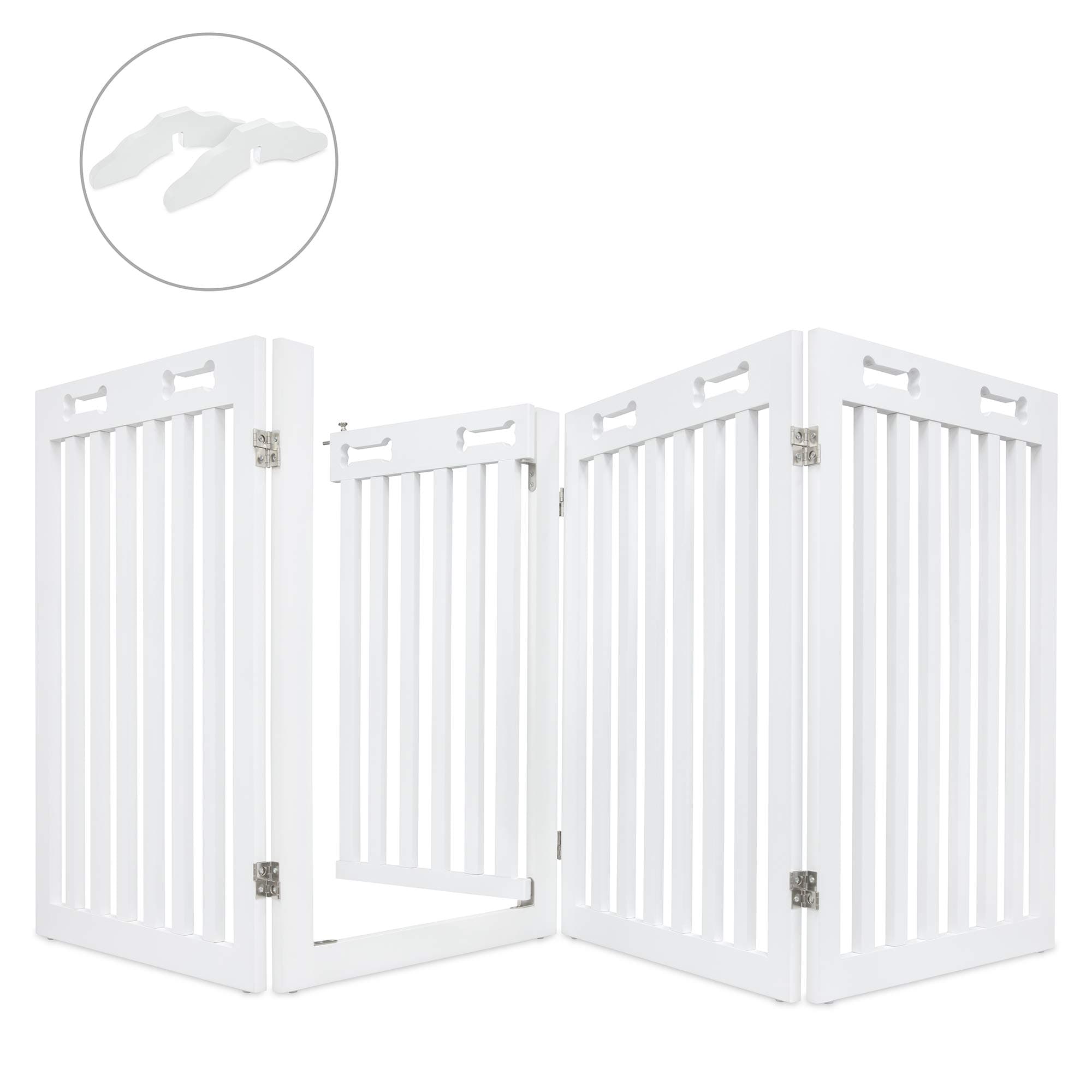 Arf Pets Freestanding Dog Gate with Door, 4 Panel 360° configurable Wooden White Fence, 80" Wide, 31.5" Tall, Foldable, Set of Foot Supporters Included, for The House - Indoor Use