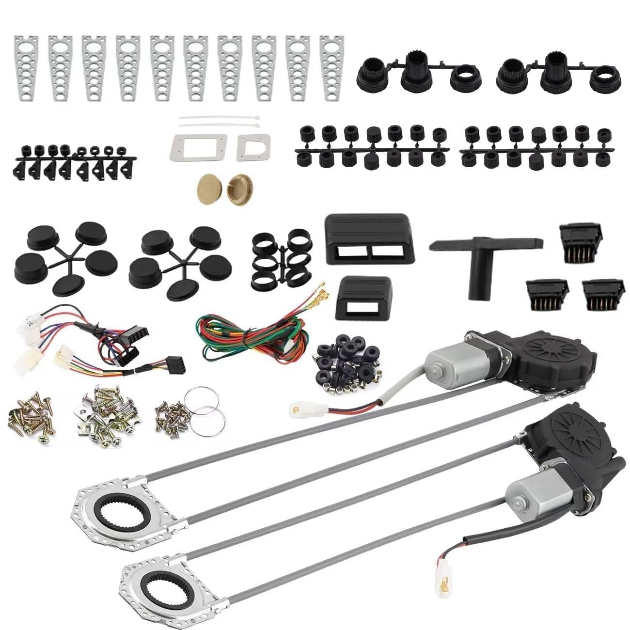 Universal Electric Power Window Lift Roll Up Regulator Conversion Kit,with Motors Switches Harness and Hardware for 2 Door Pickup SUV Truck Van Car