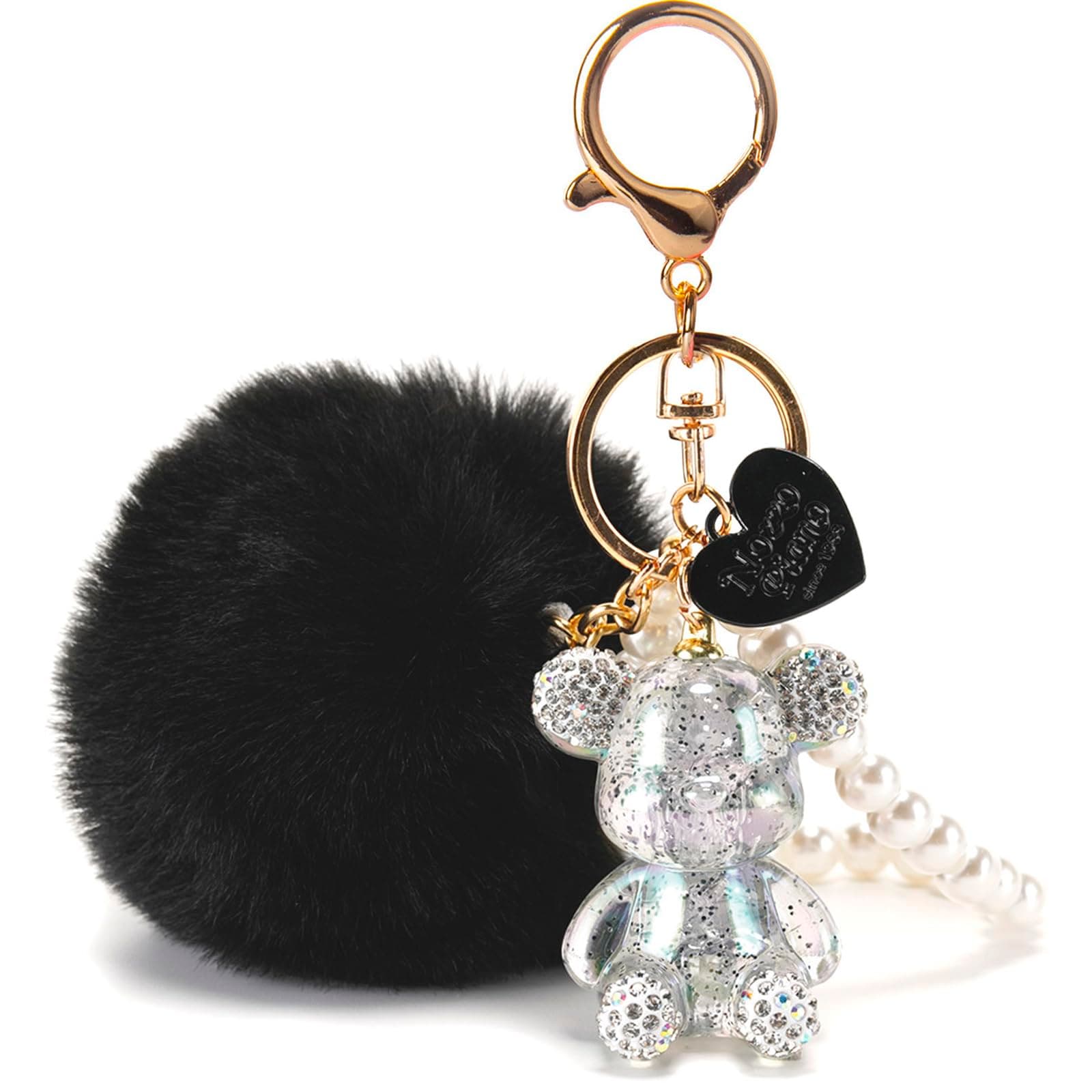 Kawaii Cute Bear Keychain for Women, Bling Gummy Teddy Bear Pom Pom Key Chain Girly Wristlet Keychain for Backpack