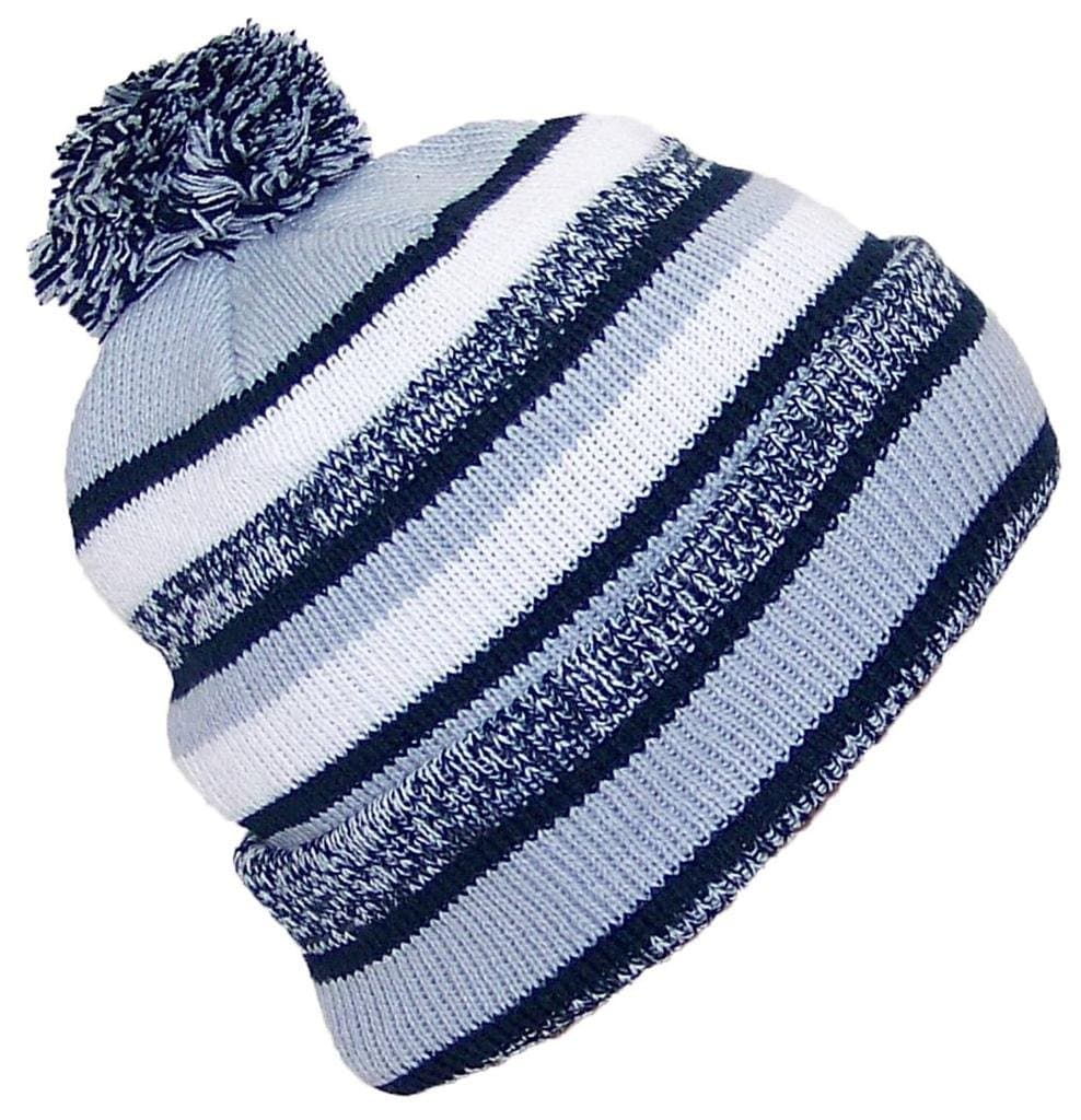 Best Winter Hats Quality Striped Variegated Cuffed Cap W/Large Pom (One Size) - Navy/Gray