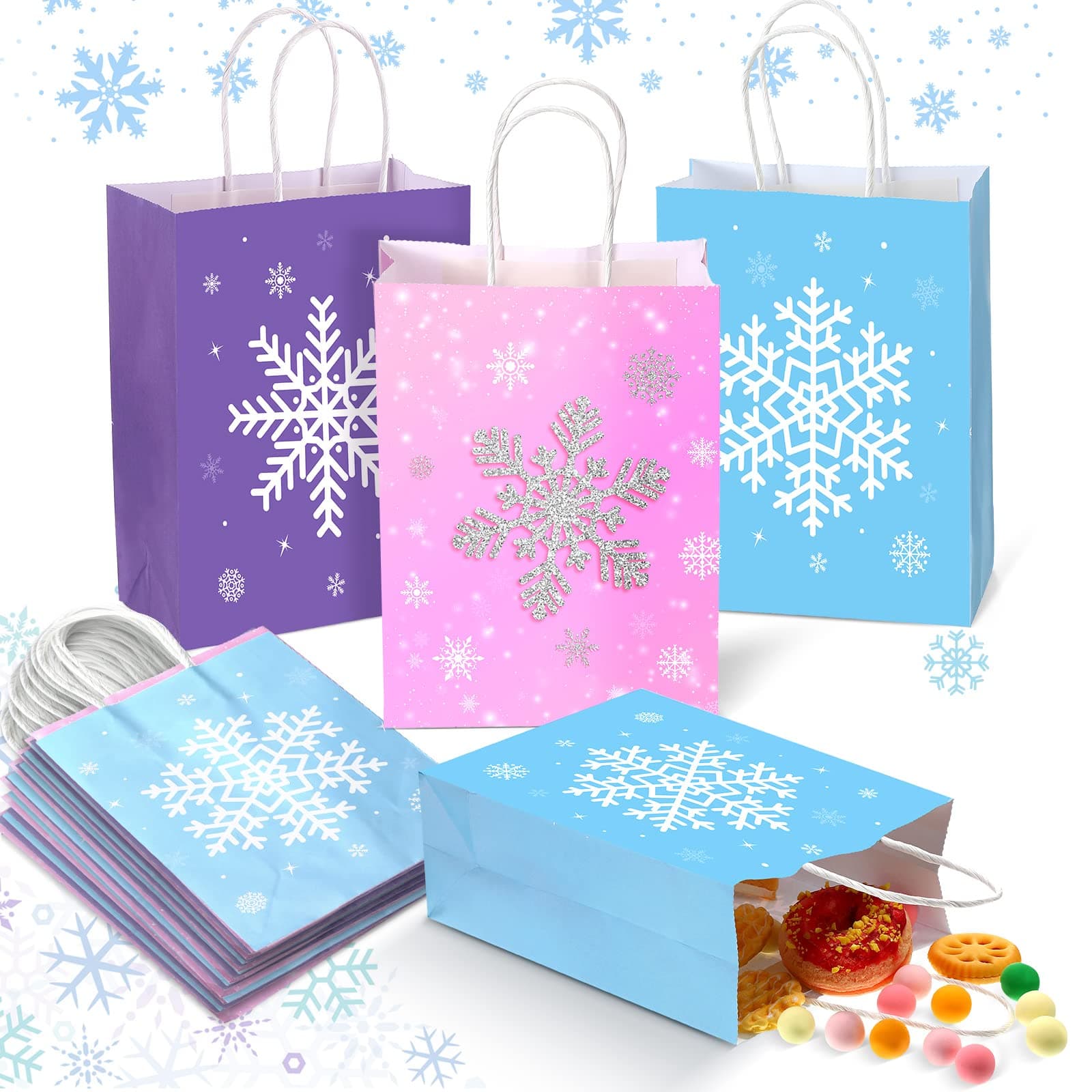 21 Pieces Snowflake Party Favors Bags Kraft Paper Candy Treat Goodie Gift Bags with Handles for Winter Wonderland Snowflake Theme Christmas Holiday Birthday Party Supplies
