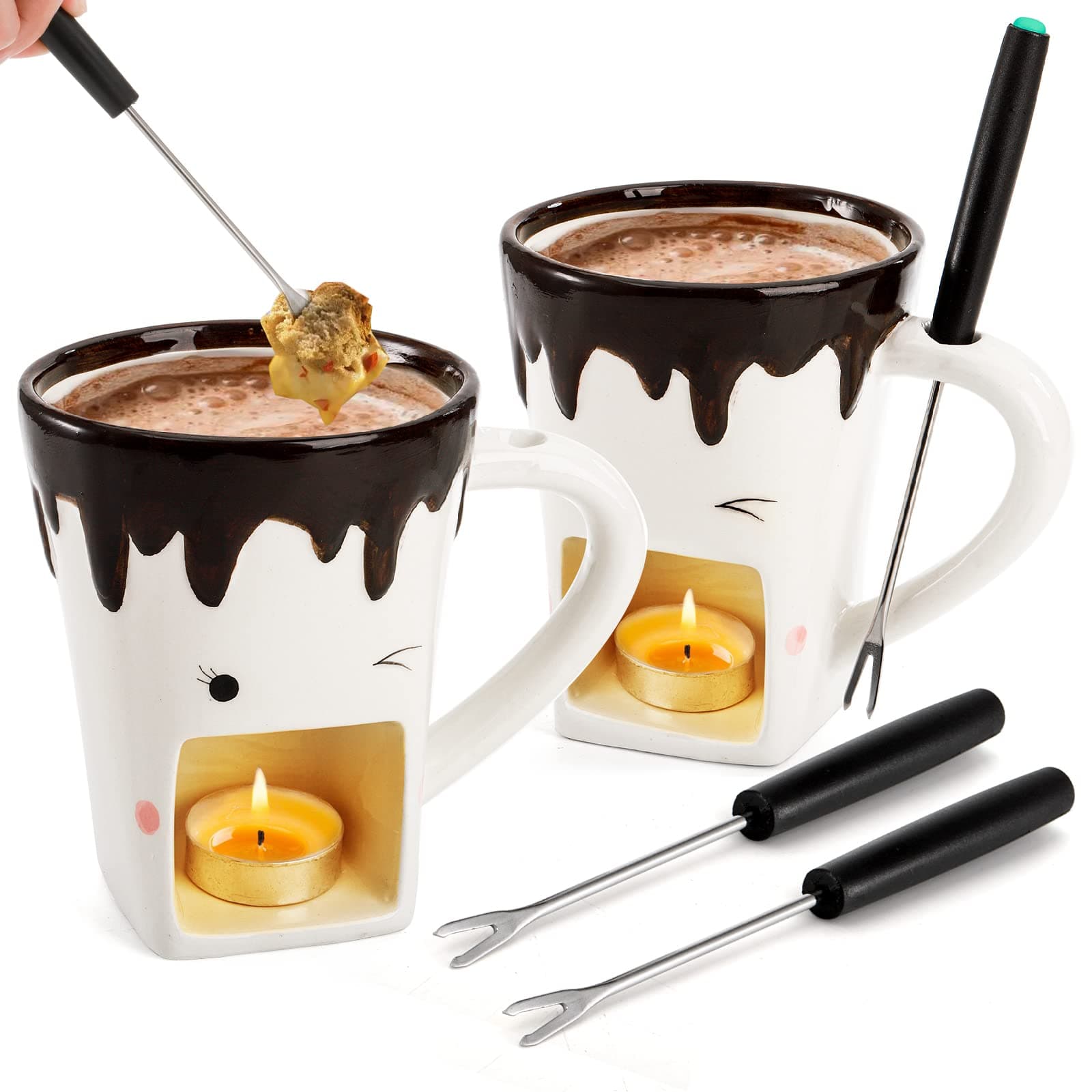 Dicunoy Set of 2 Fondue Mugs with Forks, Ceramic Personal Chocolate Melting Cup for Cheese, Individual Ceramic Butter Warmers Pot, Tealight Candle Mini Simmer Mug for Caramel, Tapas