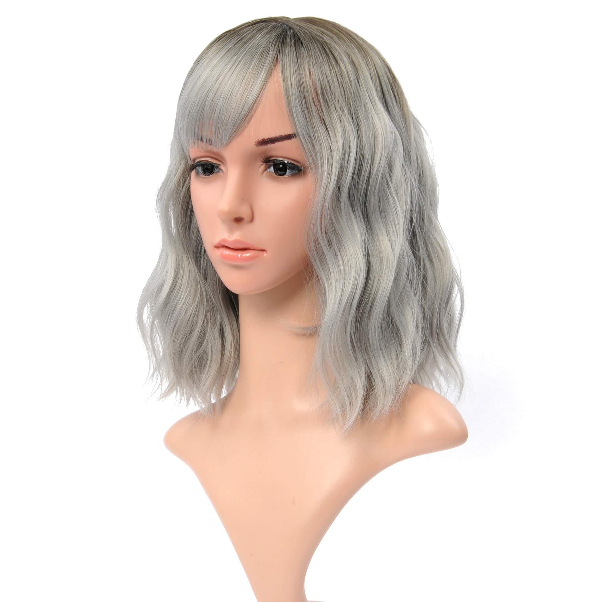 VCKOVCKO Ombre Color Natural Wavy Wig With Air Bangs Black to Gray Colorful Short Bob Wigs for Women's Shoulder Length Wigs Curly Wavy Cosplay Wig Bob Wig for Girls(12",Black-Gray)