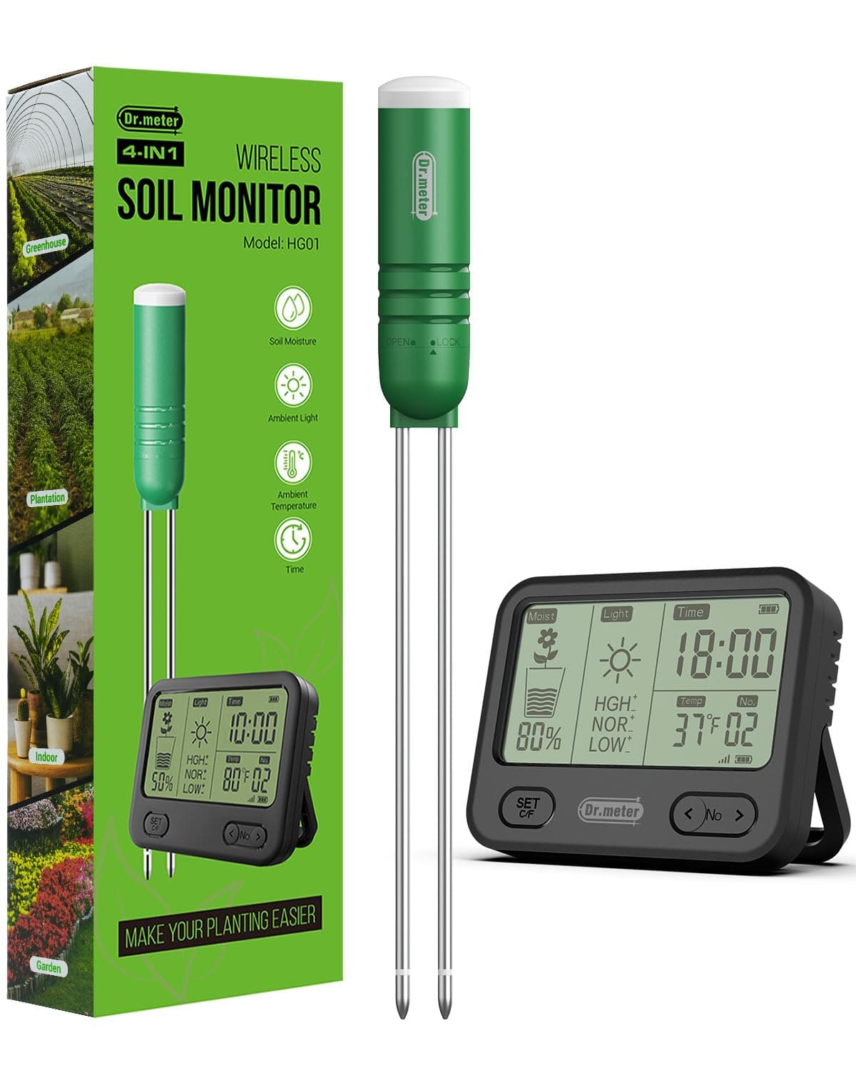 Dr.meter 4-in-1 Soil Moisture Meter, 300ft Wireless Soil Tester Sensor, Temperature/Light/Time/Soil Hygrometer Monitor with Digital LCD Display for Indoor Outdoor Plants, Garden, Lawn, Gardening Gifts