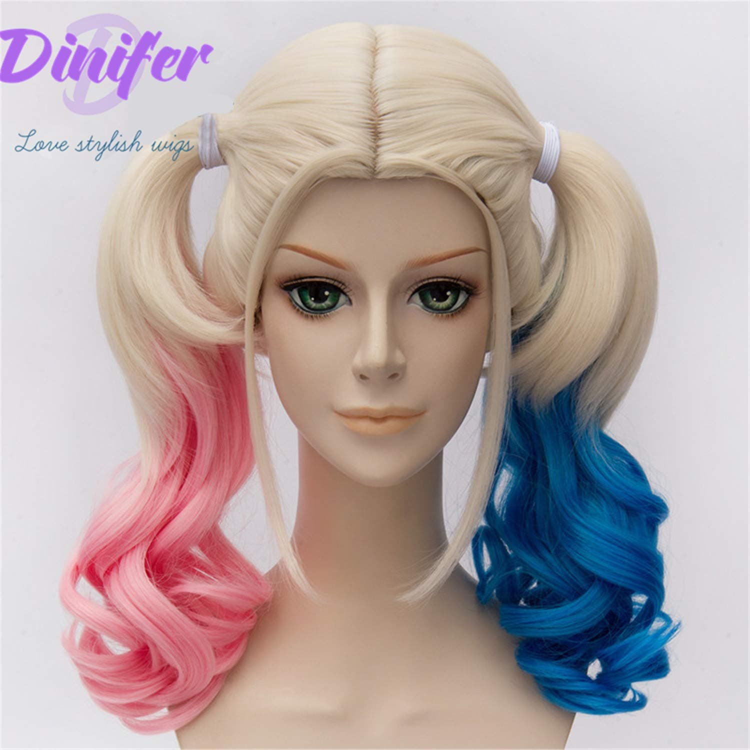 DINIFER Wigs Suicide Squad Harleen Quinzel Clown Halle Quinn Styling Ombre Wig Hair Extension + Free Cap (Pink White Blue Braid)