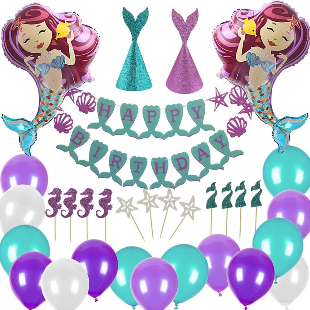 Sharlity Mermaid Theme Birthday Party Supplies-Mermaid Happy Birthday Banner,Mermaid Tail Hat,Mermaid Foil Balloon,Cupcake Toppers and latex balloons for Birthday Party, Baby Shower, Let's Be Mermaids