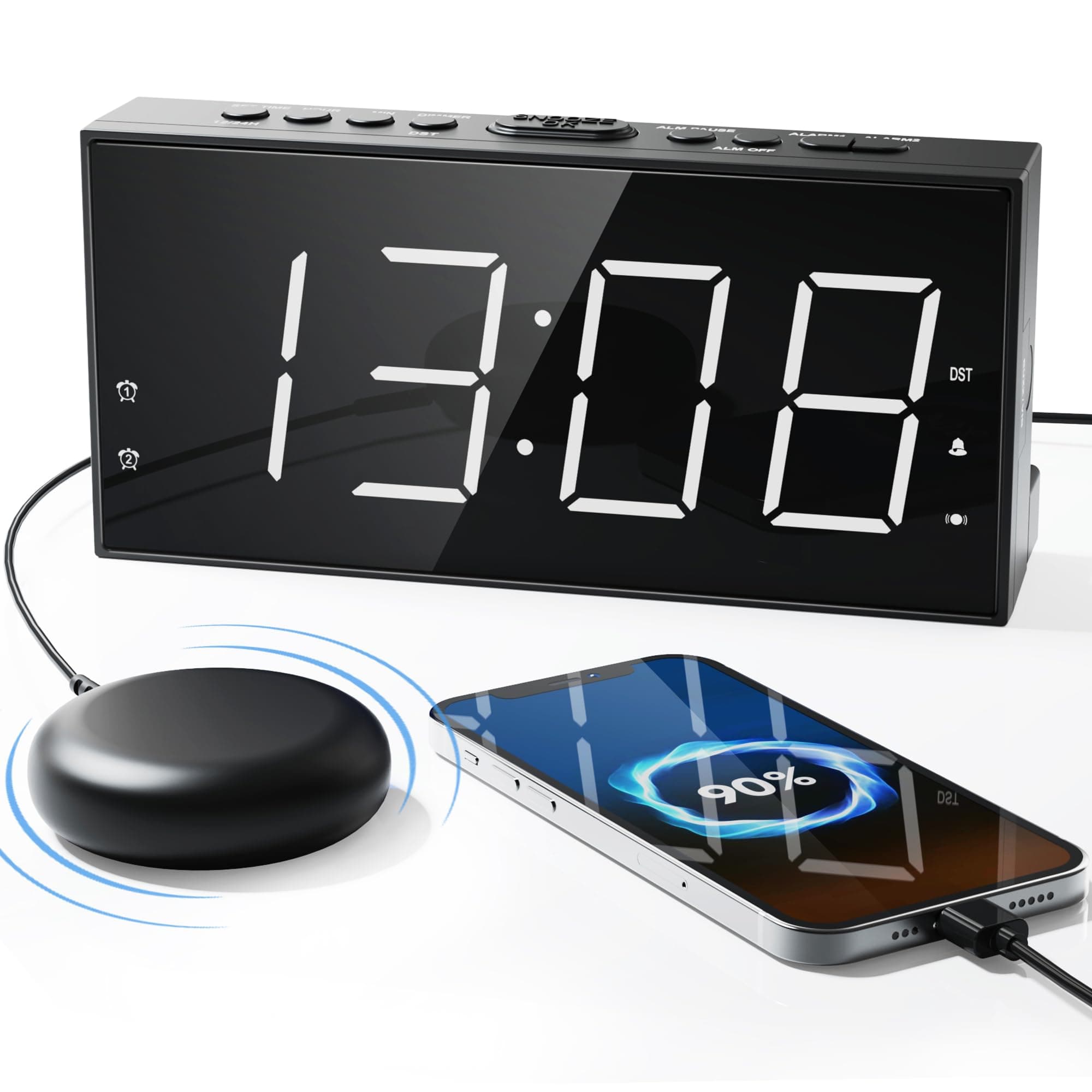 Super Loud Alarm Clock with Bed Shaker for Heavy Sleeper, Dual Vibrating Alarm Clock with USB Charger for Hearing-impaired Deaf, 7.5’’ Large Display with Dimmer, Snooze, 12/24H & Battery Backup