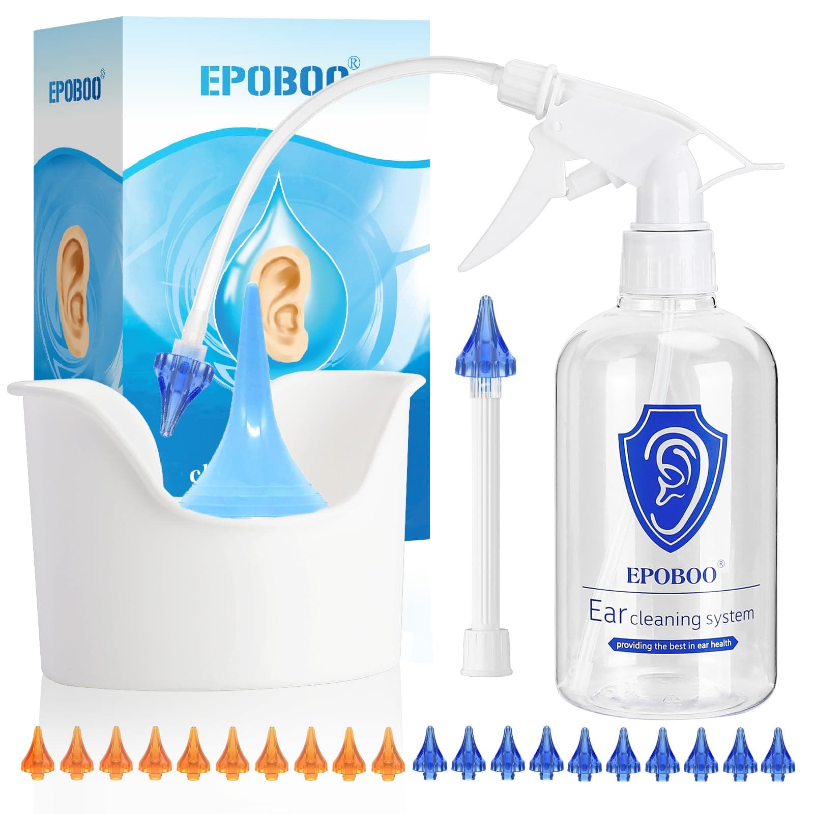 Ear Wax Removal Spray Kit – Safe, Gentle & Effective Ear Irrigation, FSA Eligible, 500ml Bottle with Basin, Drying Bulb, 20 Reusable Tips, Rigid Pipe for One-Person Use & Flex Tube for Family Use