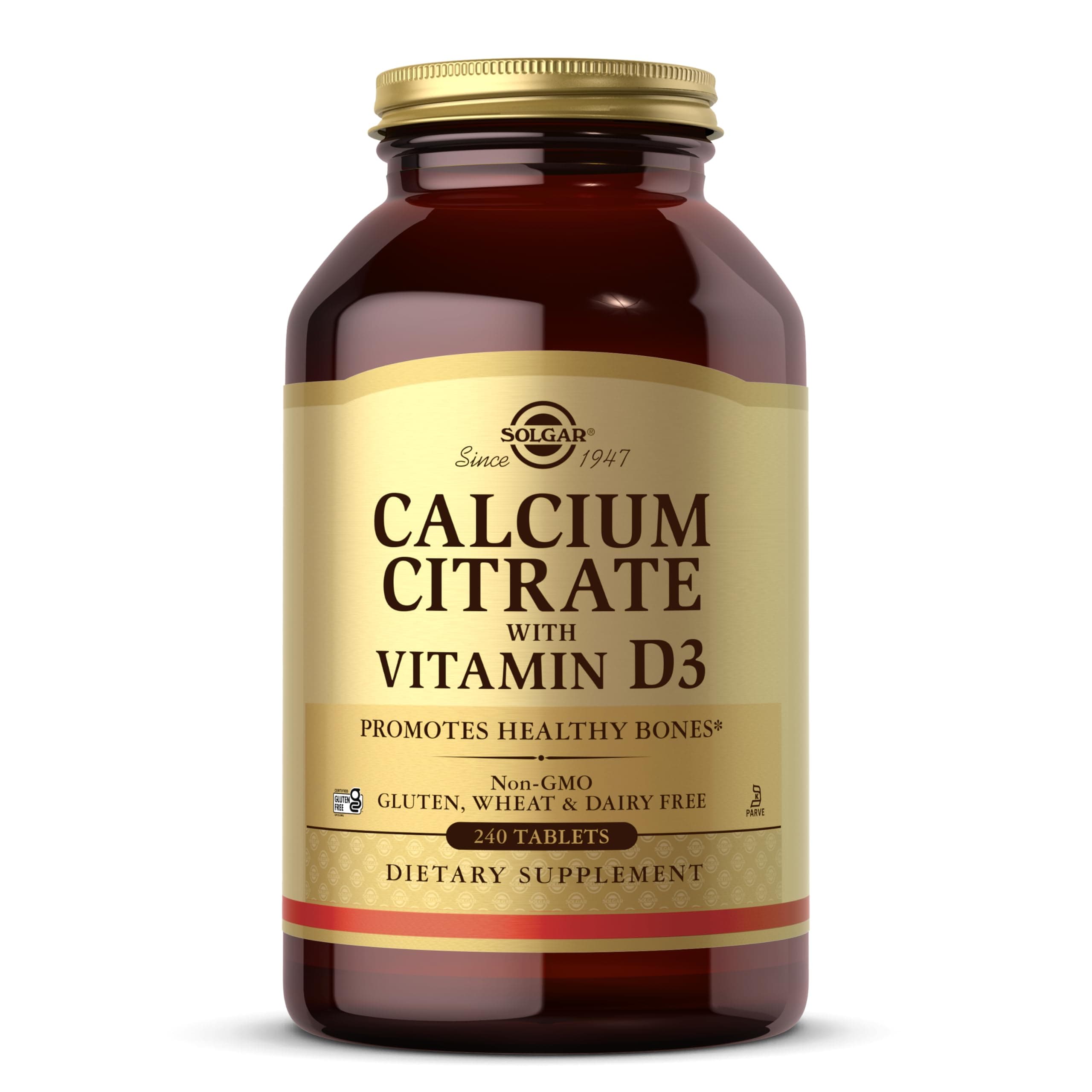 Calcium Citrate with Vitamin D3, 240 Tablets - Promotes Healthy Bones & Teeth, Supports Musculoskeletal & Nervous Systems - Non-GMO, Gluten-Free, Dairy Free, Kosher - 60 Servings