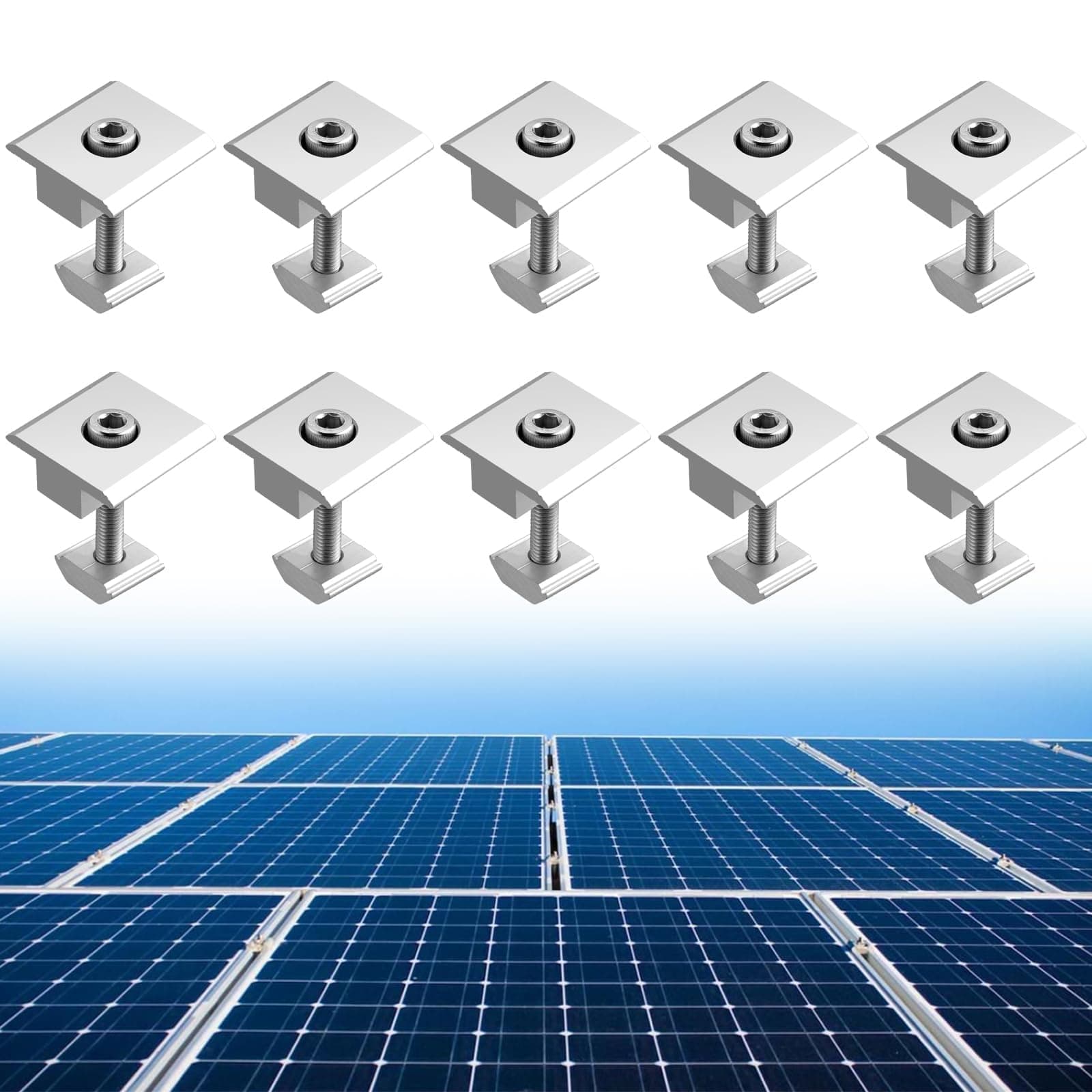 Anbte 10pcs Solar Panels Centre Clamps, Aluminium T-Shaped Mid Clamps 35mm Solar Panel Mounting Brackets Solar Mounting Rail Connector for Tin Roof, Flat Roof, Sheet Roof, Slvier