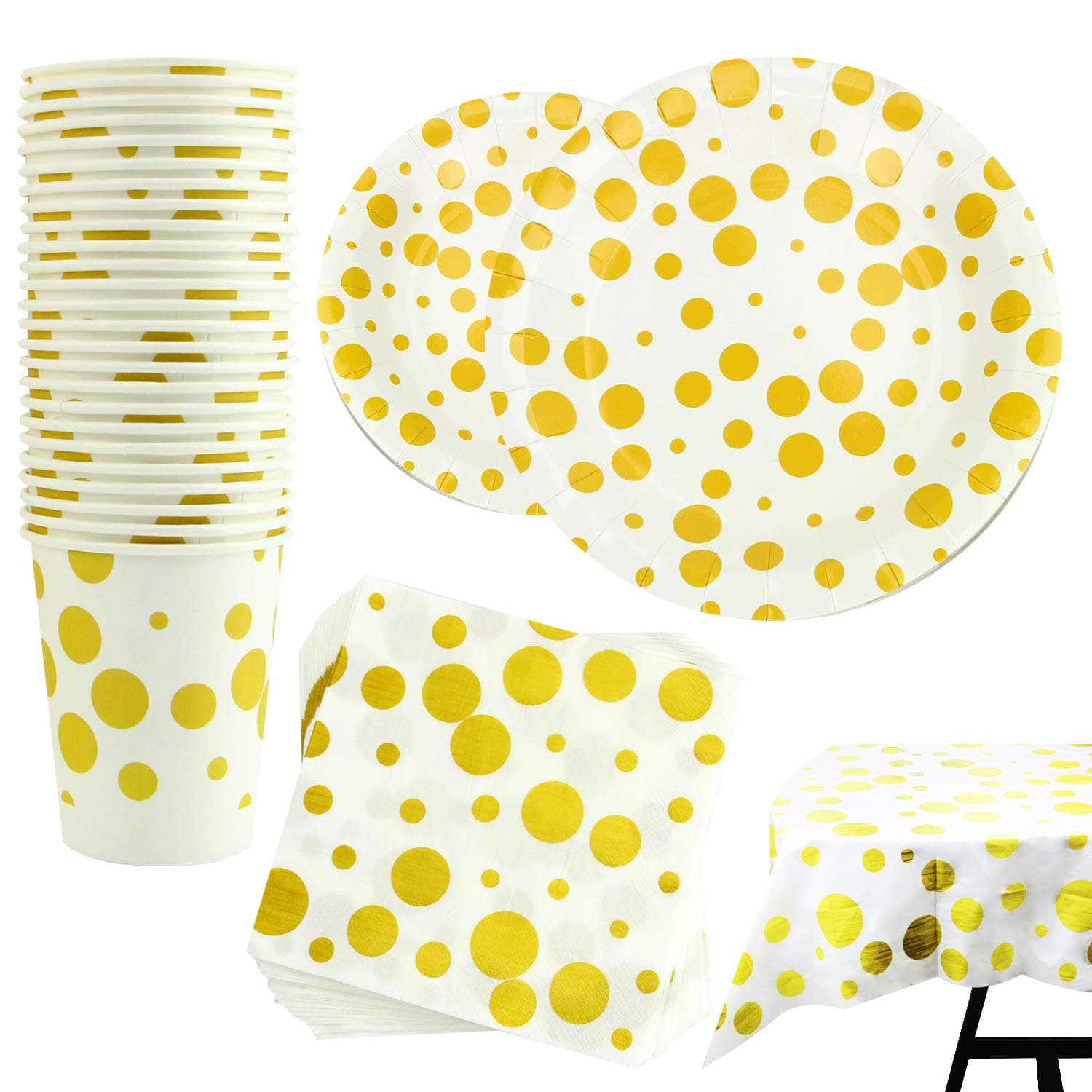 KompanionGold Dot / Polka Dot Party Set - 102 Piece Party Supplies Kit with Banner, Plates, Cups, Napkins, Tablecloth - Serves 25, Perfect for Birthday Parties and Themed Celebrations