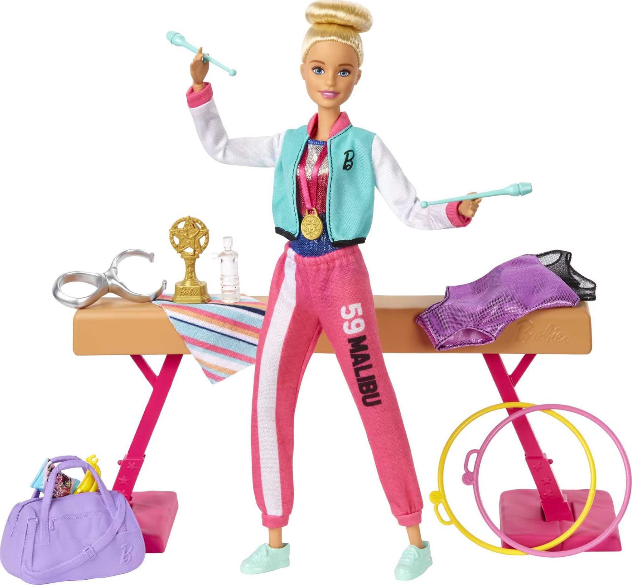 Careers Playset, Blonde Gymnast Doll with Balance Beam, Twirling Toy & 15+ Accessories Including Clothes, Hoops, Trophy & More