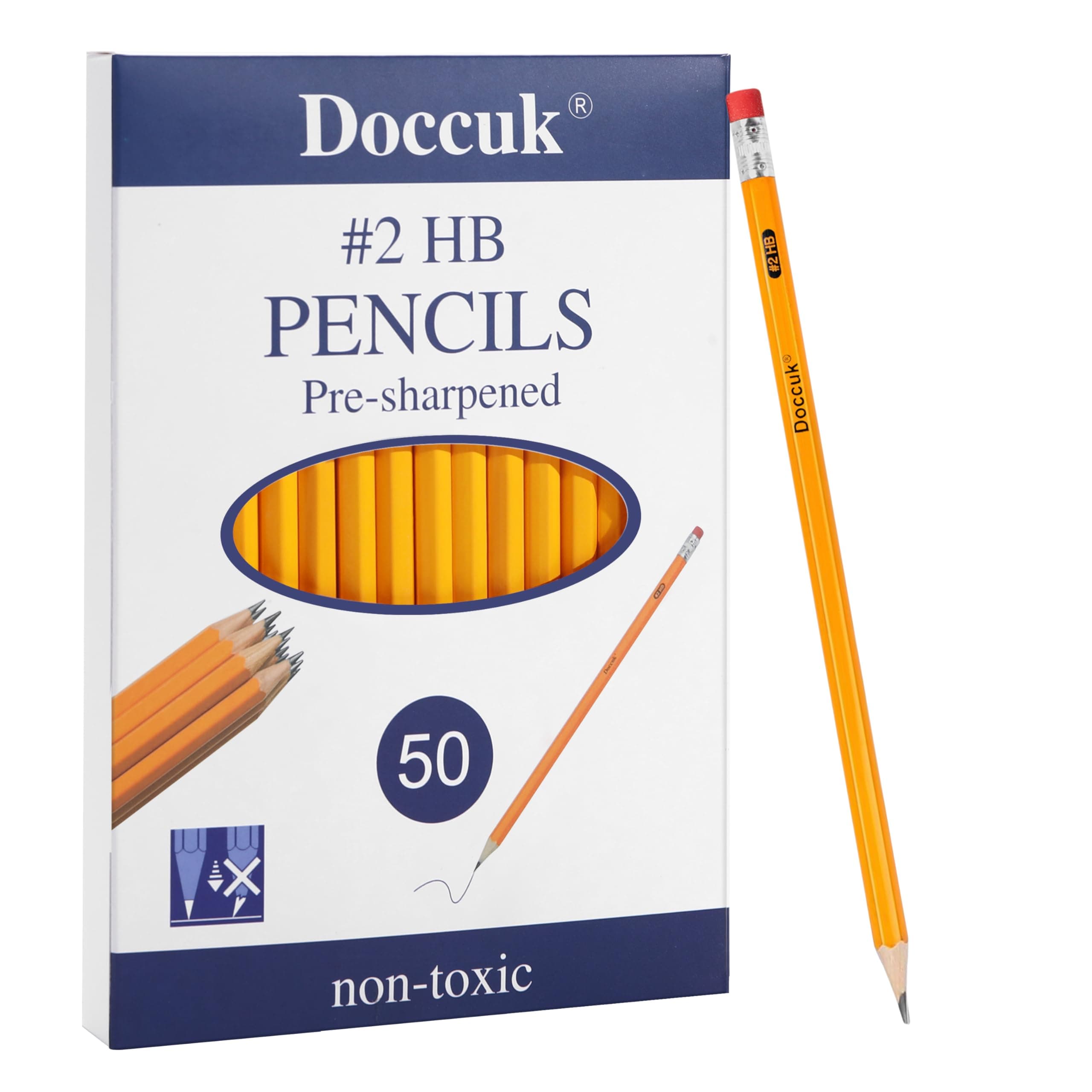 Doccuk Premium Yellow Pre-Sharpened Bulk #2 Pencils With Erasers, Wood-Cased Hb Pencils Suitable For Classrooms,Offices, And Teachers,50 Count