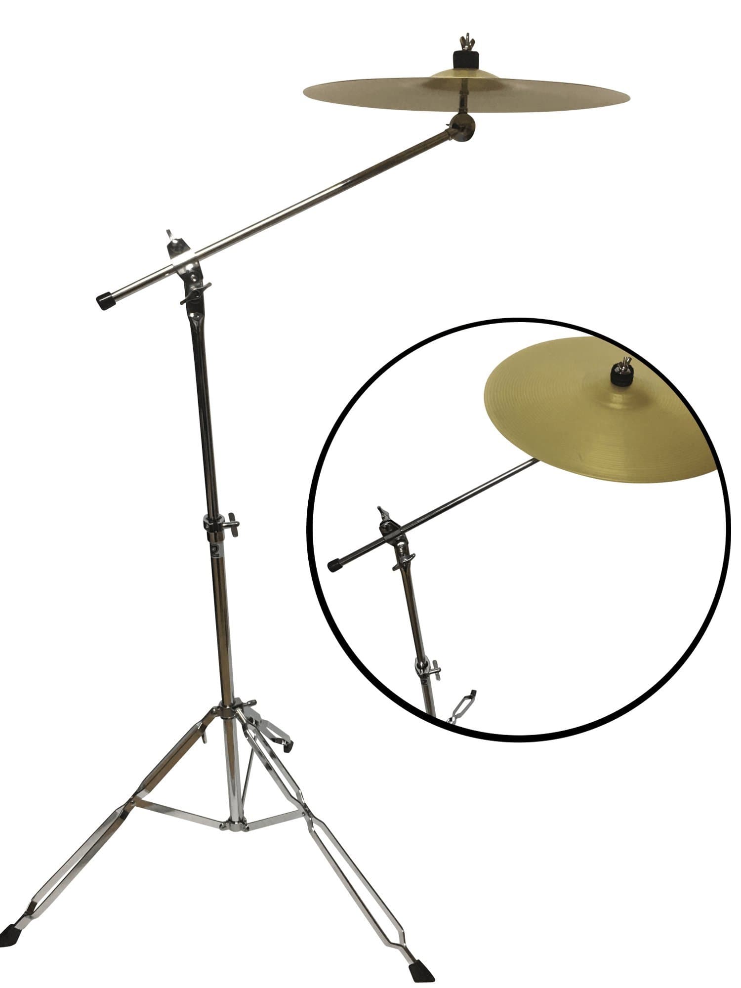 Cymbal With Stand. 16 Inch Cymbal With Boom Stand. Can Be Used As A Crash Cymbal With Stand Or A Ride Cymbal With Stand. Double Braced, Heavy Duty Strength and Adjustable Height By TKO Percussion