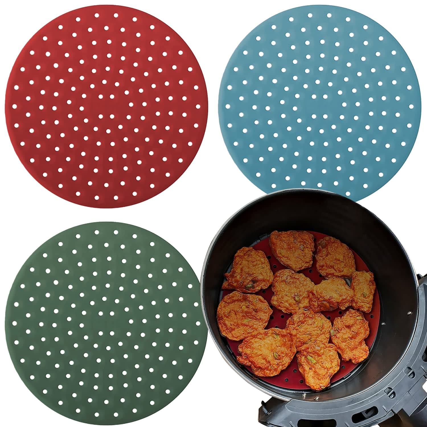 Reusable Round Silicone Air Fryer Liners (9 Inch, 3 Pack) by Linda’s Essentials - Non-Stick, Easy-Clean Accessories with Cheat Sheet & Recipe Book, Perfect for Quick Meals