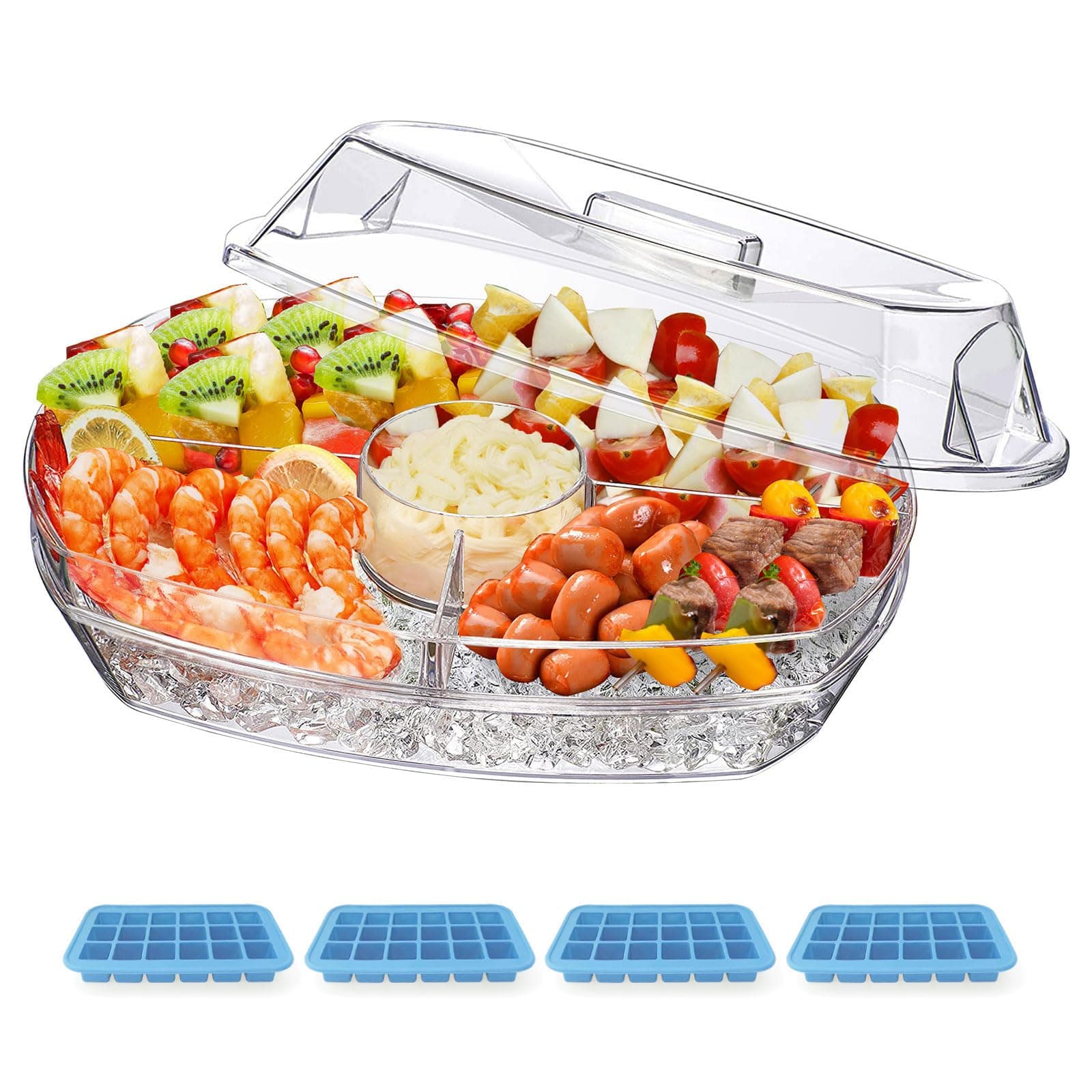 INNOVATIVE LIFE Appetizer Serving Tray on Ice, 15 Inch Party Platter with 4 Ice Cube Tray, Kitchen Chilled Food Bowl with Compartment and Lids for Shrimp, Fruits, Vegetables, Salads, Sushi, Clear