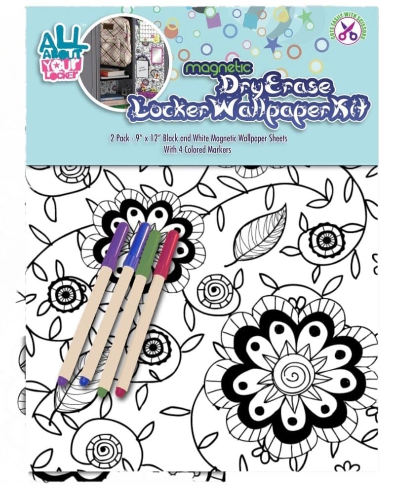 Black and White "Color Me Daisy" - Magnetic Locker Wallpaper Kit w/ Four Markers