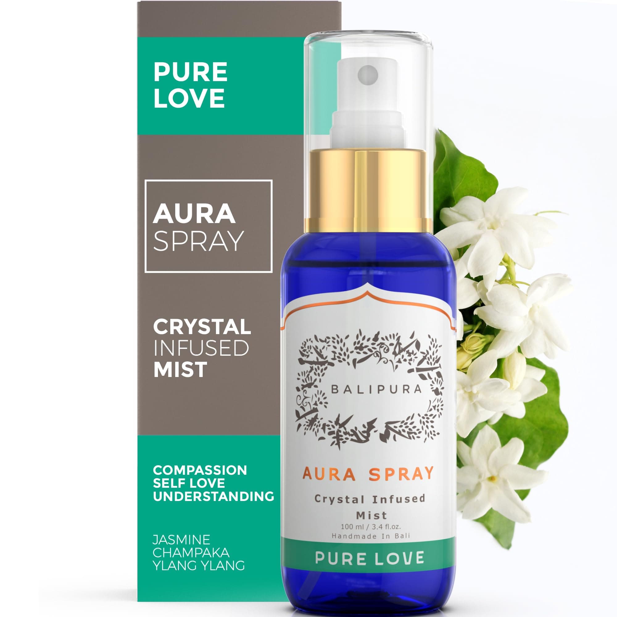 BALIPURAPure Love Aura Spray - Organic Jasmine & Ylang Ylang Essential Oils - Attraction Mist with Quartz Crystals - Aromatherapy Room Spray for Abundance, Cleanse, and Self-Love
