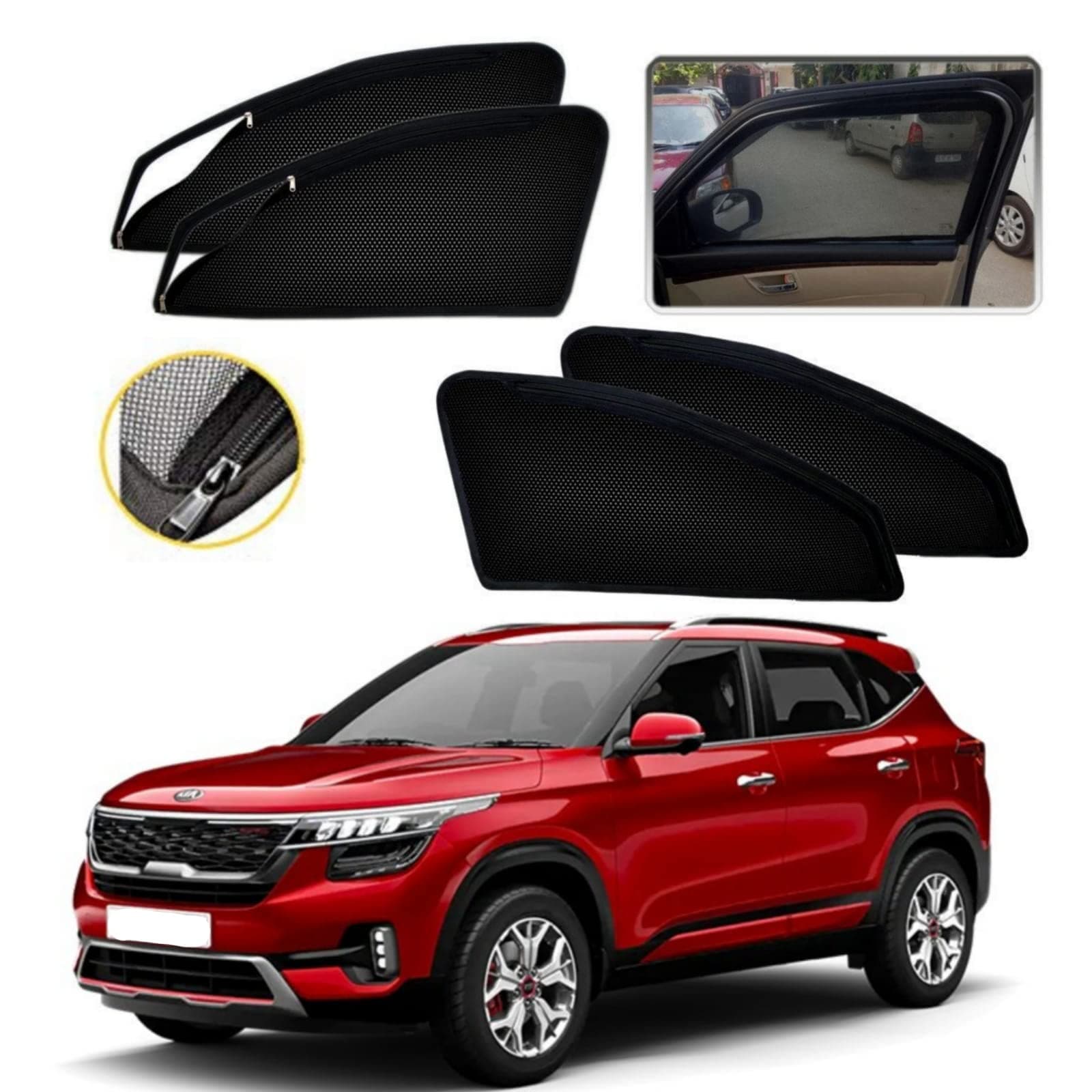 DS ENTERPRISE Car Window Magnetic/Zipper Sun Shade/Curtain for KIA Seltos All Models - Black Colour (Pack of 4)