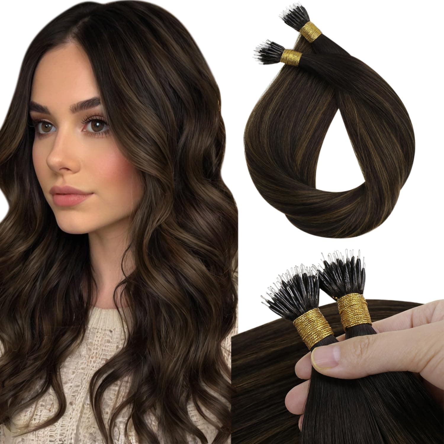 Nano Bead Hair Extensions Real Human Hair Brown Nano Ring Hair Extensions Balayage Nano Tip Hair Extension Human Hair Darkest Brown Ombre Medium with Highlights 50G 16Inch