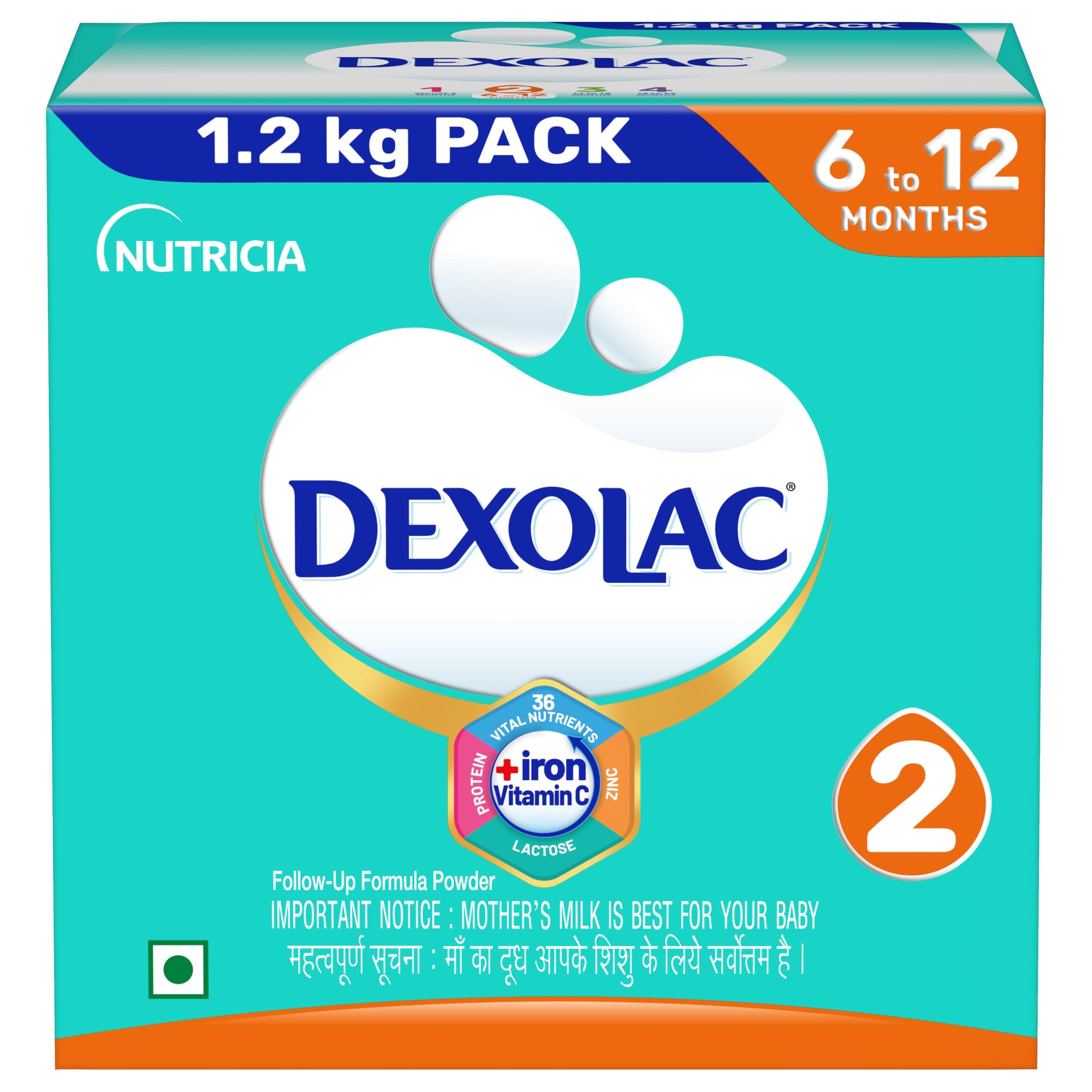 Dexolac Infant Formula Milk Powder for Babies - Stage 2 (6 to 12 Months) - with 100% Lactose and 36 Vital Nutrients - 1.2 Kg Large Pack