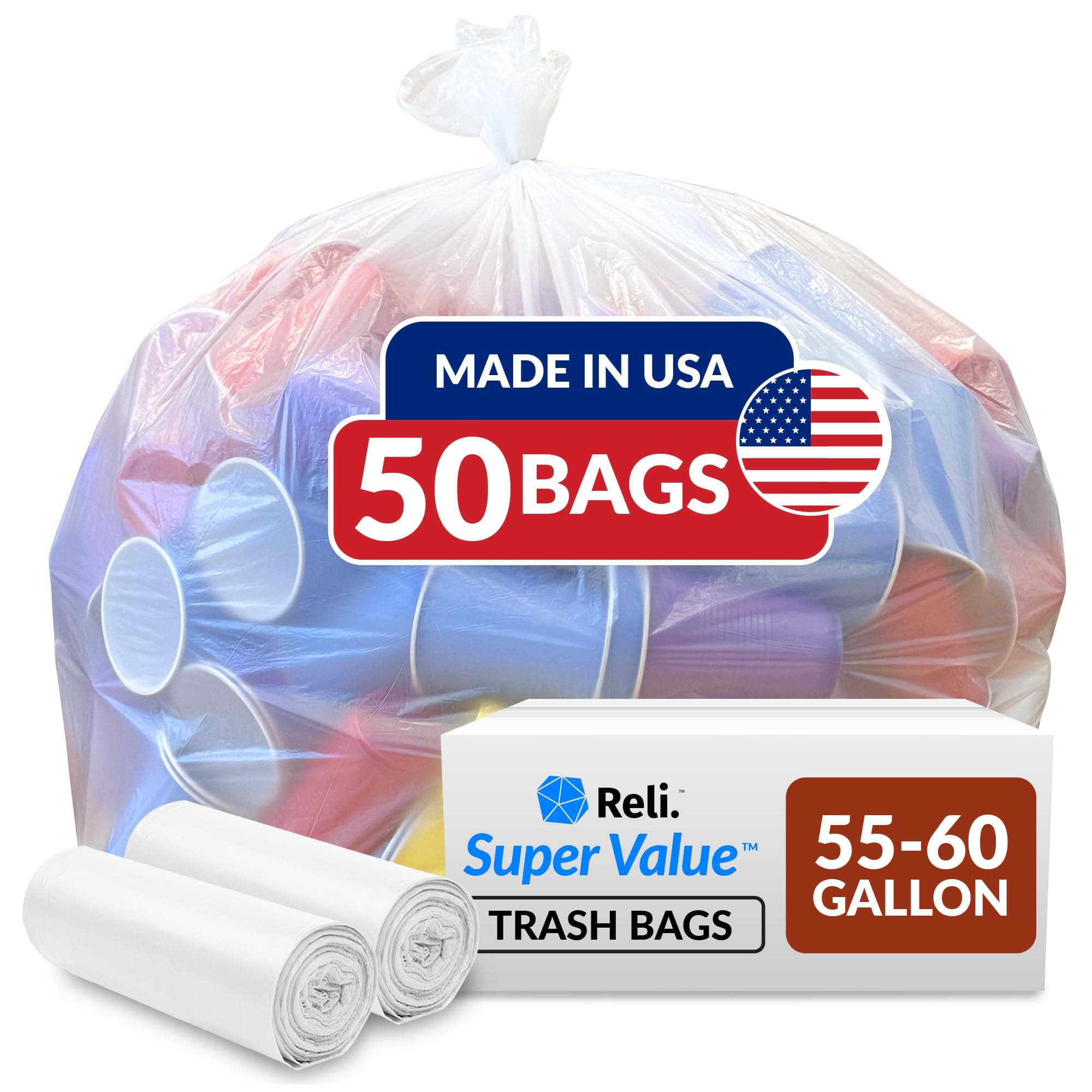 SuperValue 55-60 Gallon Trash Bags | 50 Count | Made in USA | Heavy Duty | Clear Multi-Use Garbage Bags