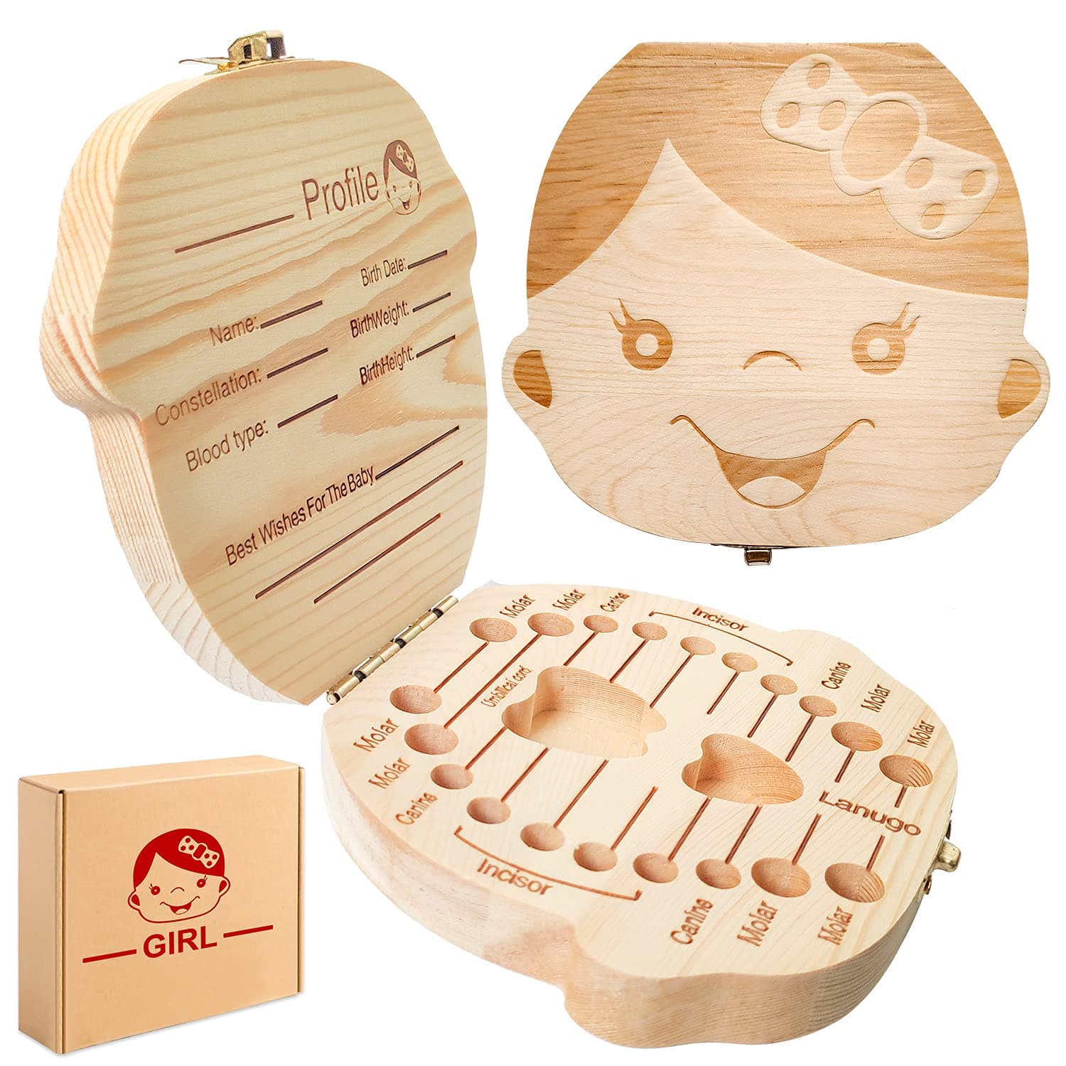 Baby Tooth Box, Kids Keepsake Organizer for Baby Teeth, Wooden Tooth Fairy Box for Boy or Girl to Keep The Wonderful Childhood Memory (Girl)