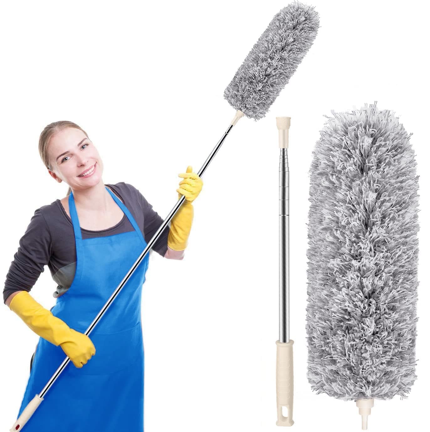 BoWoZe Microfiber Feather Duster with 100" Extendable Pole - Bendable & Washable - Ideal for High Ceiling Fans, Window Blinds, Furniture - Flexible Cleaning Tool