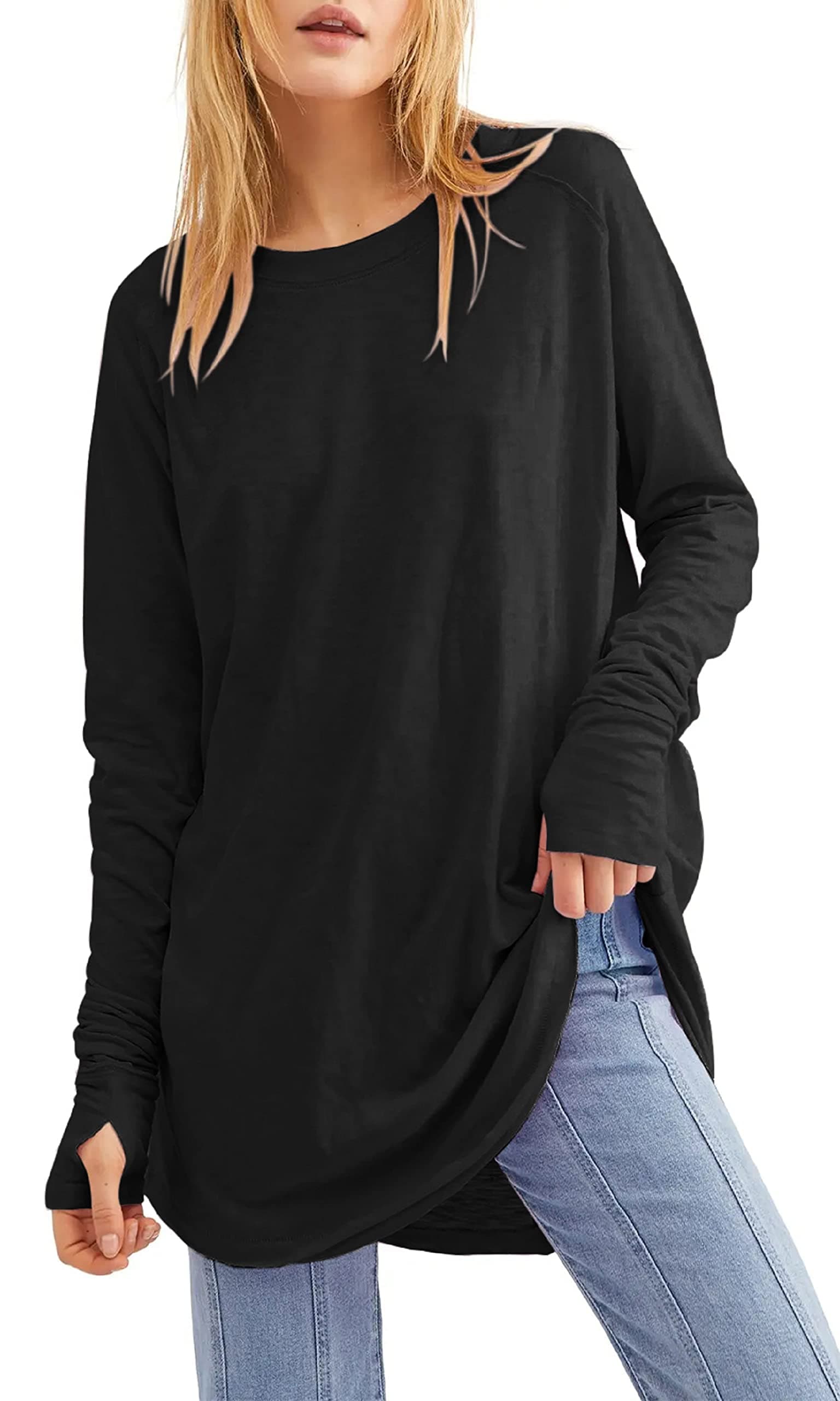 Long Sleeve Tops Womens Long Jumpers Crewneck Tunic Tops Loose Fit Sweatshirts with Thumb Holes.