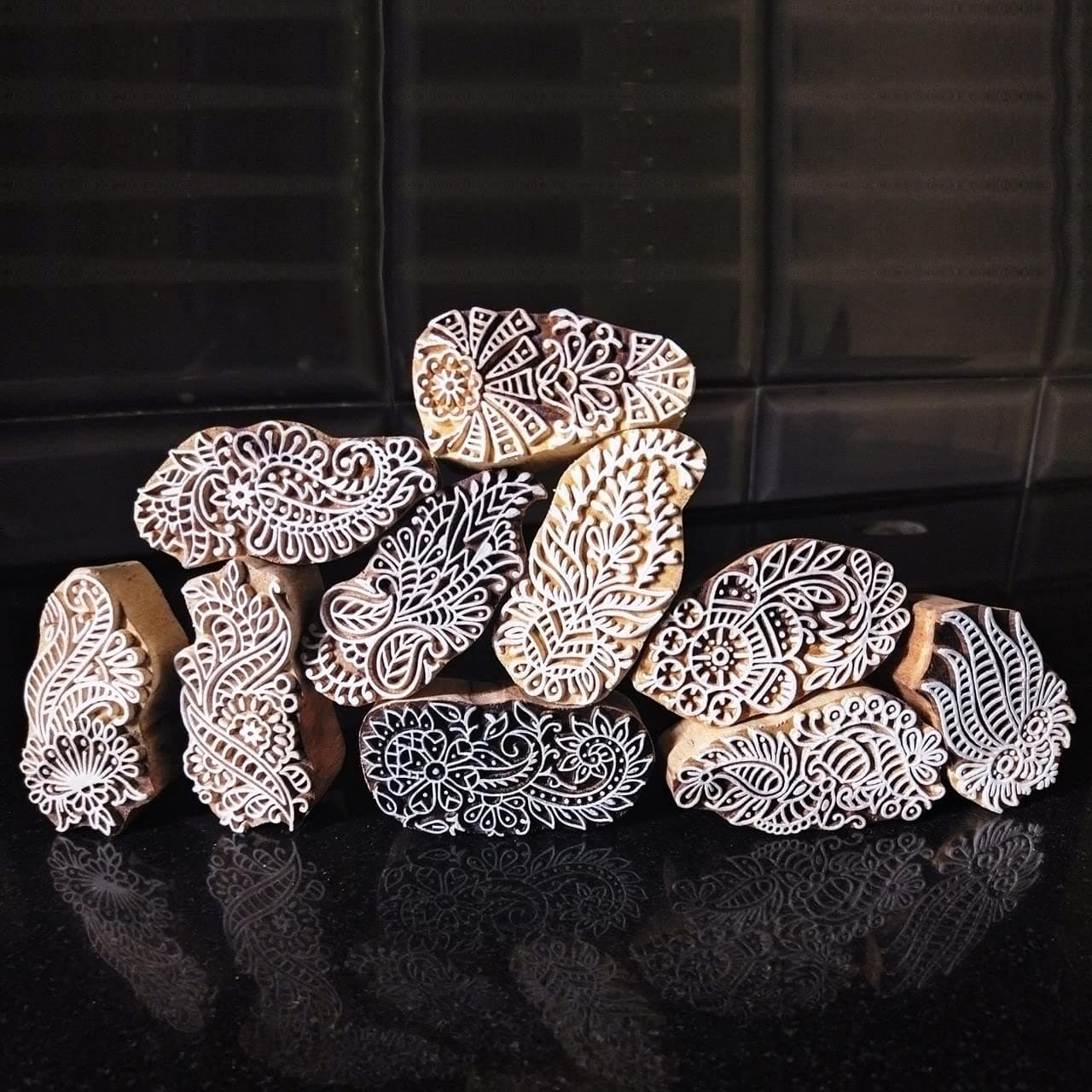 - ecofynd Round Wood Block Stamps (Pack of 10), Wooden Blocks for Block Printing Stamp Set, Artistic Shapes Craft Kids Saree Border DIY Henna Fabric Textile Paper Clay Pottery Hand-Carved (BLOCK051)