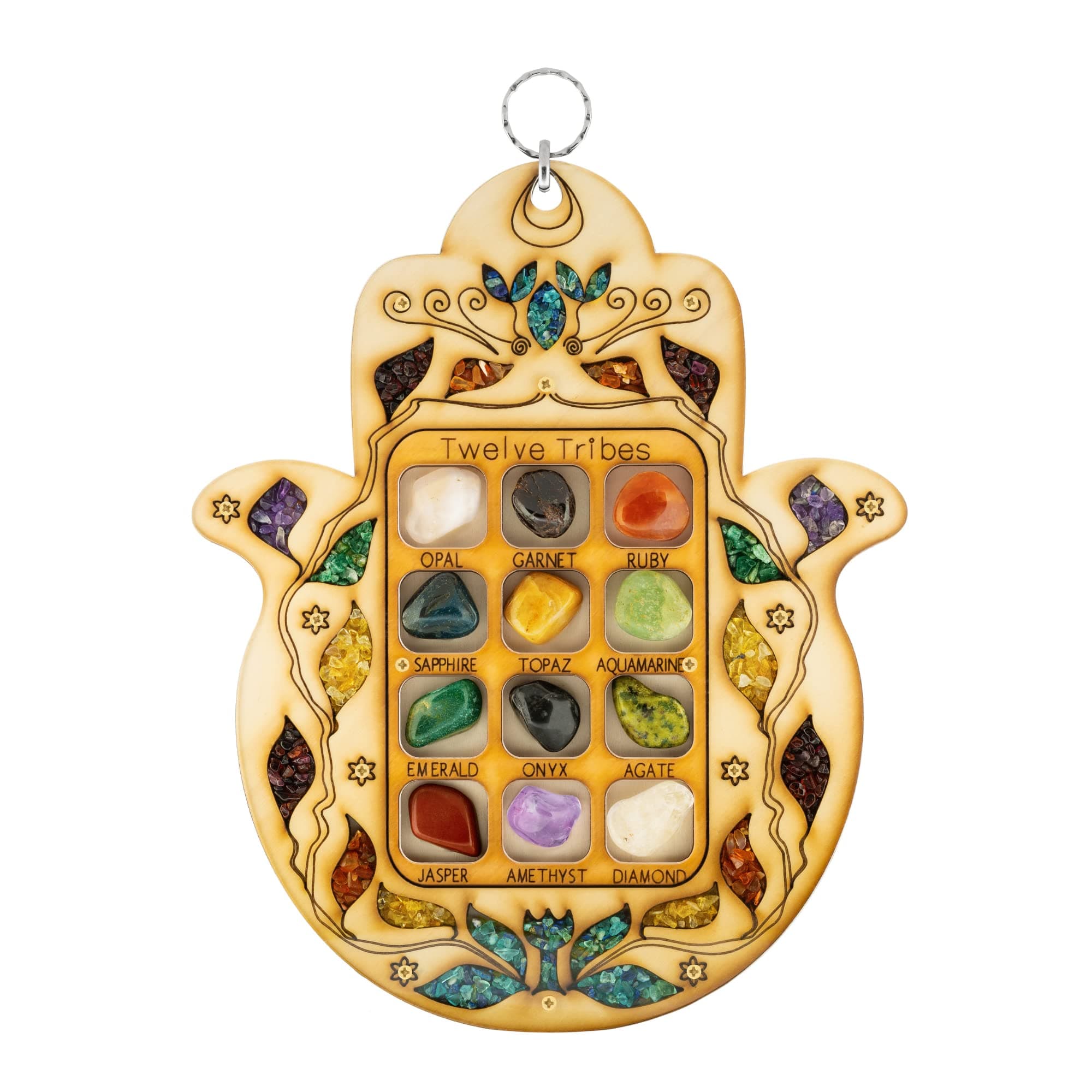 KARMA AND LUCK - Holy Light - Genuine Multi-Stone Wooden Hamsa Wall Blessing. Intention for Healing, Calming Energy, and Stress Relief Handmade in the Holy Land. Healing Crystals Wooden Wall Blessing.