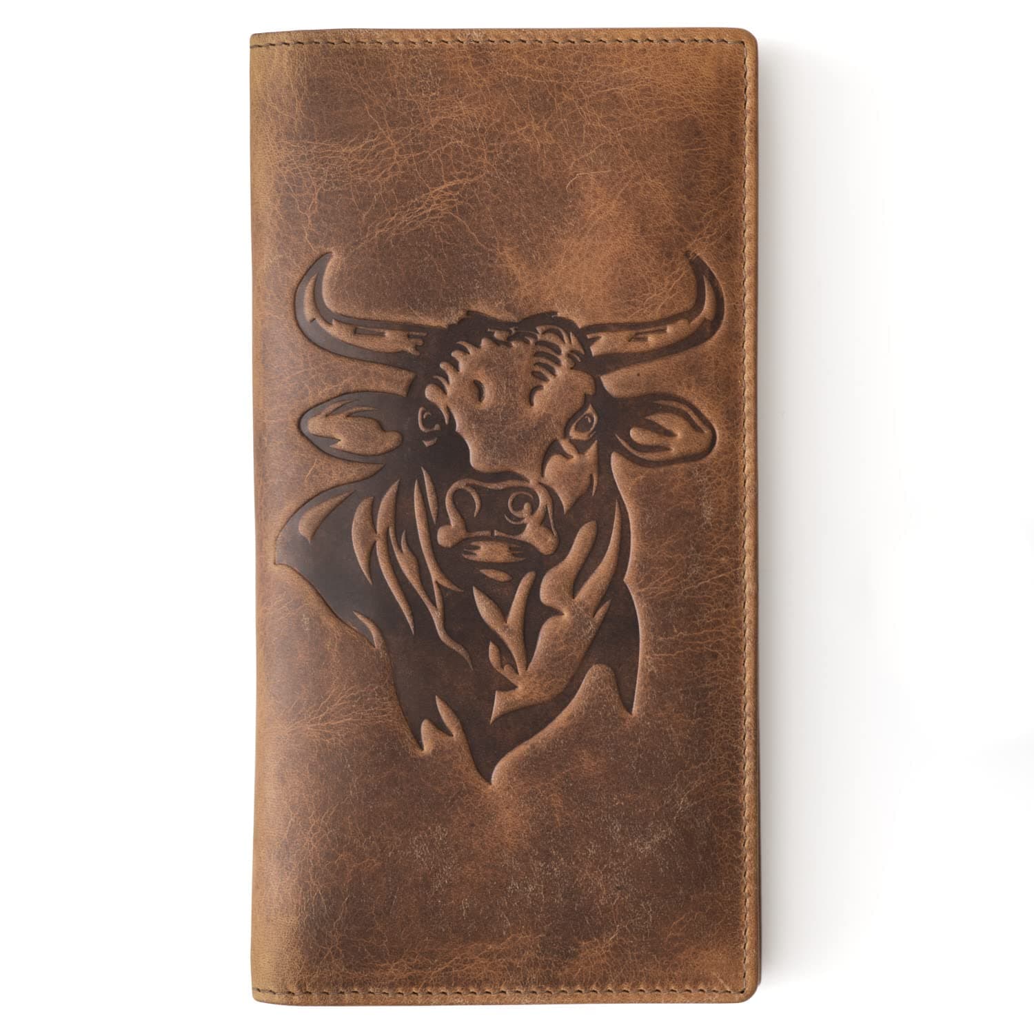 Rodeo Bull Western Wallet for Men. Full Grain Leather Checkbook Wallet. RFID Blocking. Tan