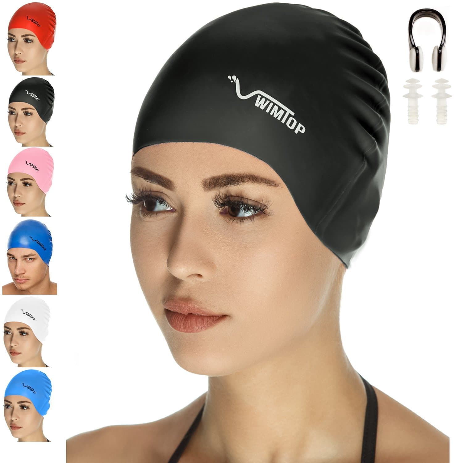 Premium Silicone Swim Cap for Men and Women Free Nose Clip and Ear Plug (black)