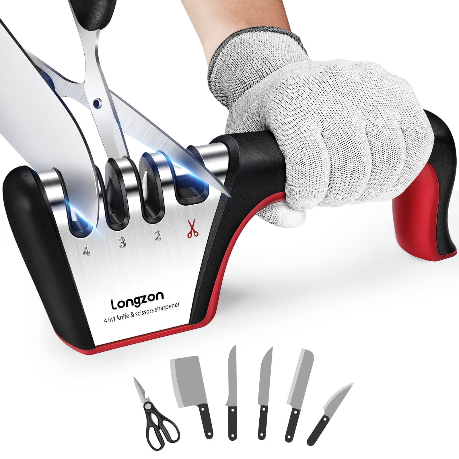 longzon Knife Sharpener - Professional 4 Stage Manual Sharpener for Sharpenin...